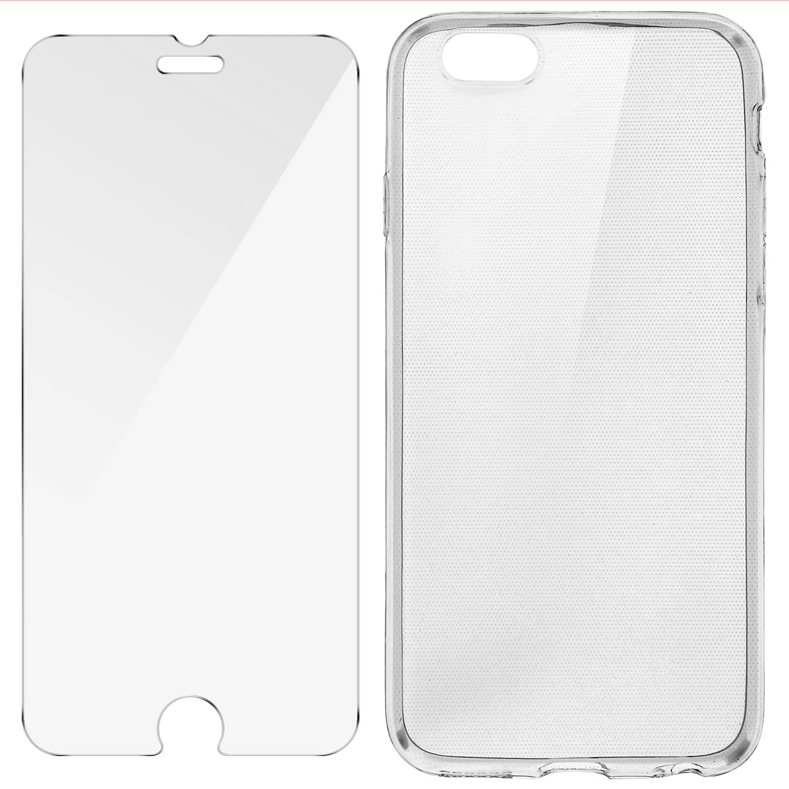 Zwei transparente Telefonzubehörteile: eine Displayschutzfolie und eine Handyhülle.