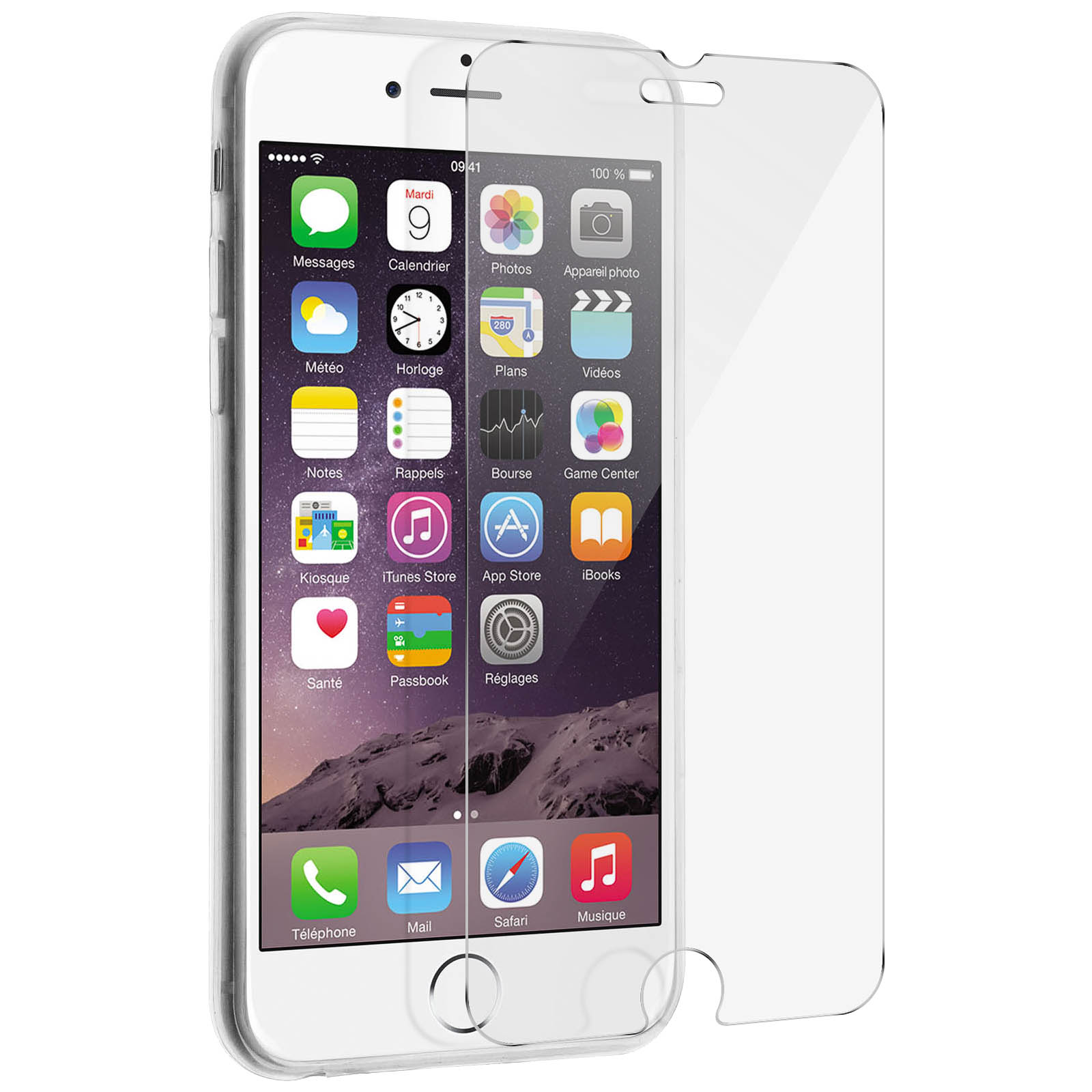 Weißes iPhone mit aufgebrachter Displayschutzfolie, zeigt den Homescreen mit Apps.