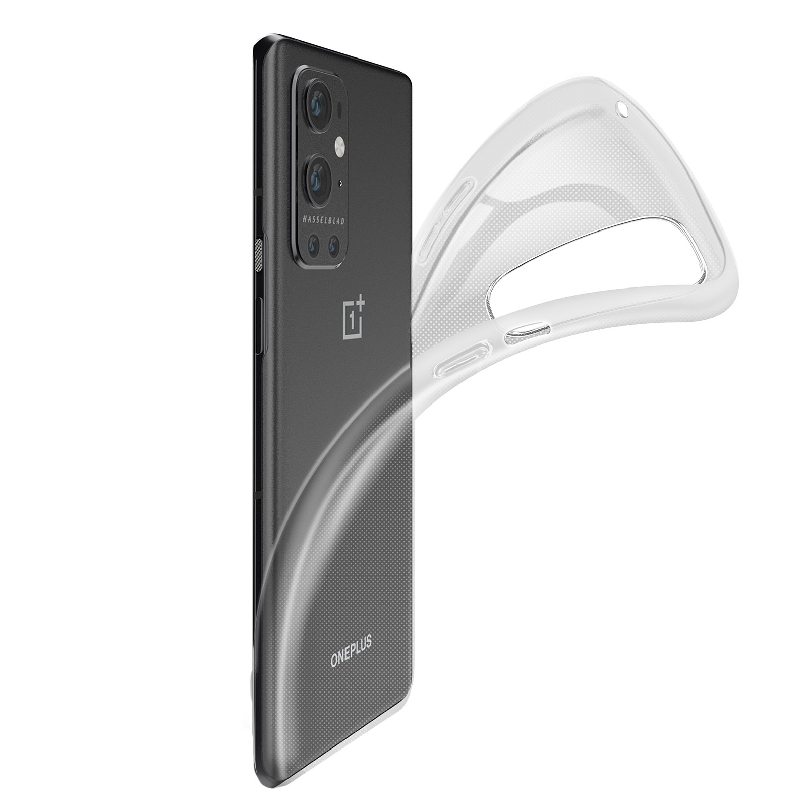 Telefono OnePlus nero con custodia trasparente su sfondo bianco.