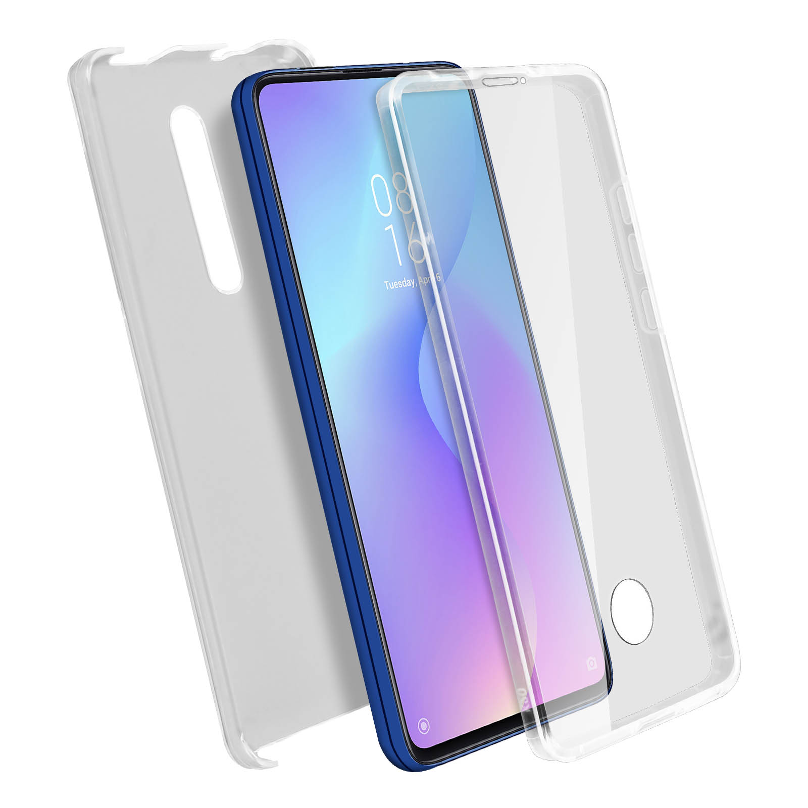 Téléphone bleu dans un étui transparent. Étui transparent et protecteur d'écran. Affiche du contenu.