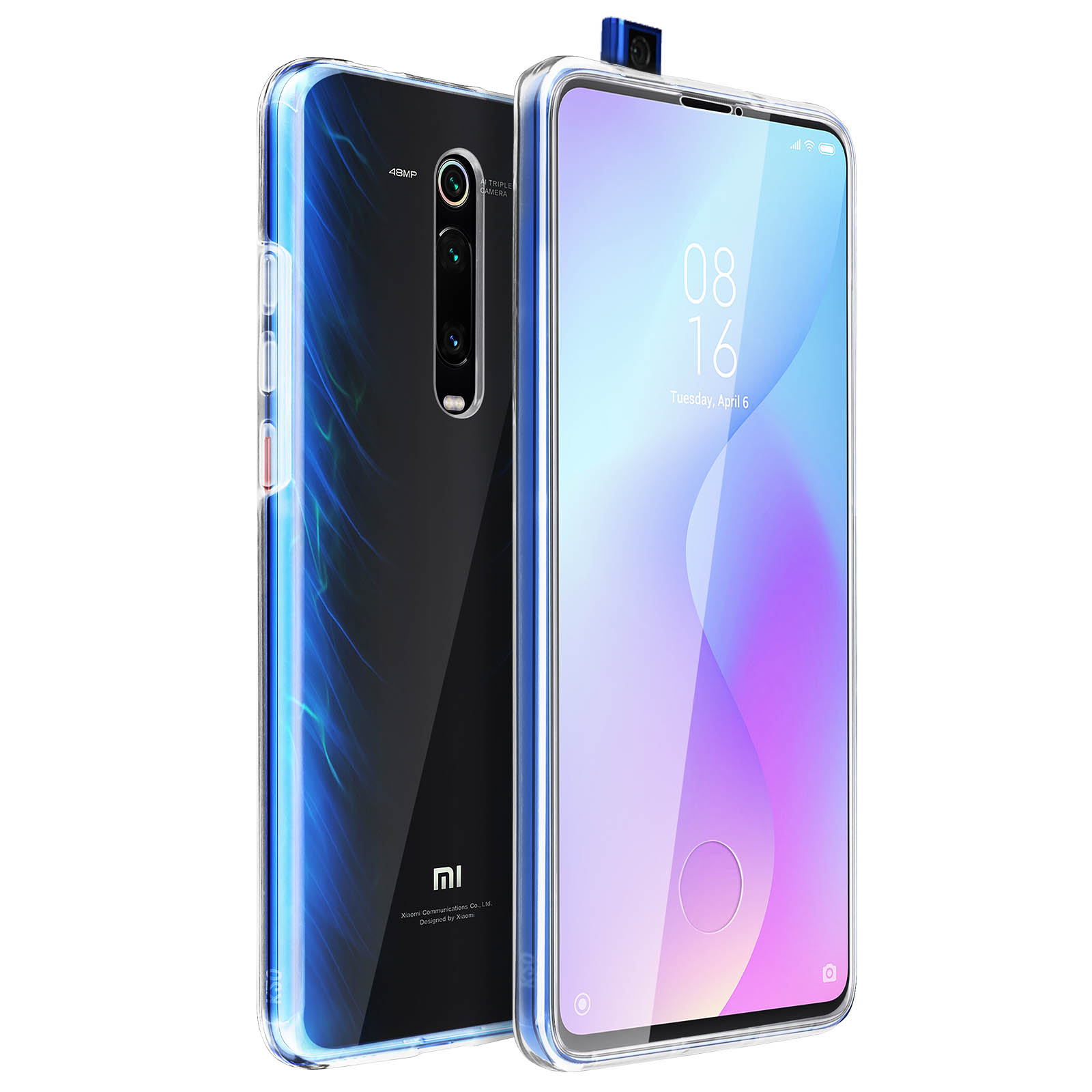 Deux téléphones dans des étuis transparents. Un face vers le haut, l'autre sur le côté. Fond blanc.