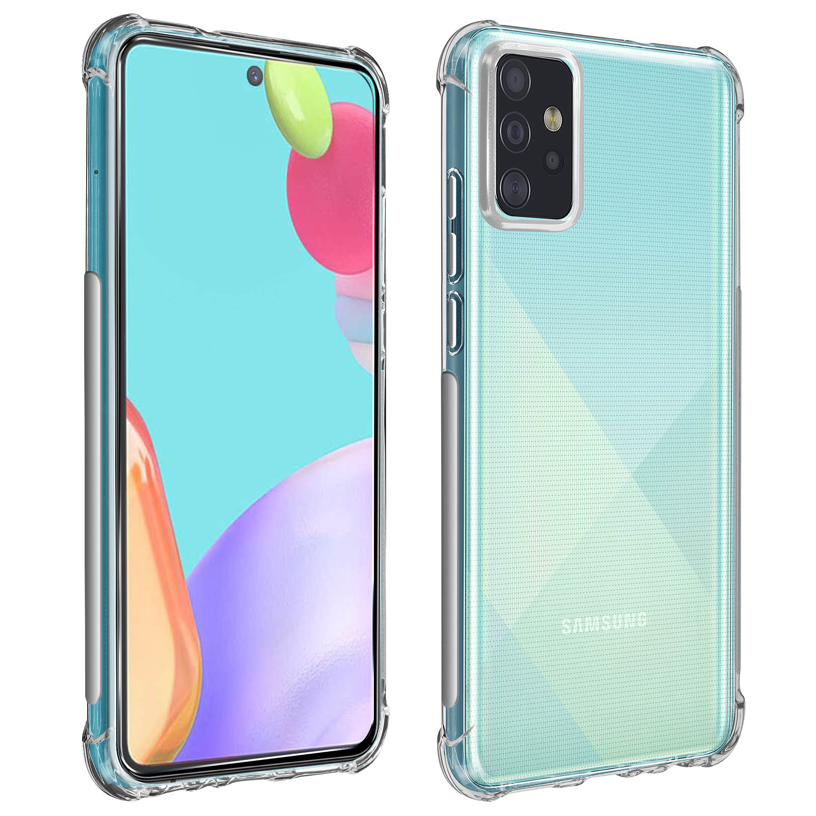 Un telefono con una custodia trasparente. Il telefono mostra un motivo blu.