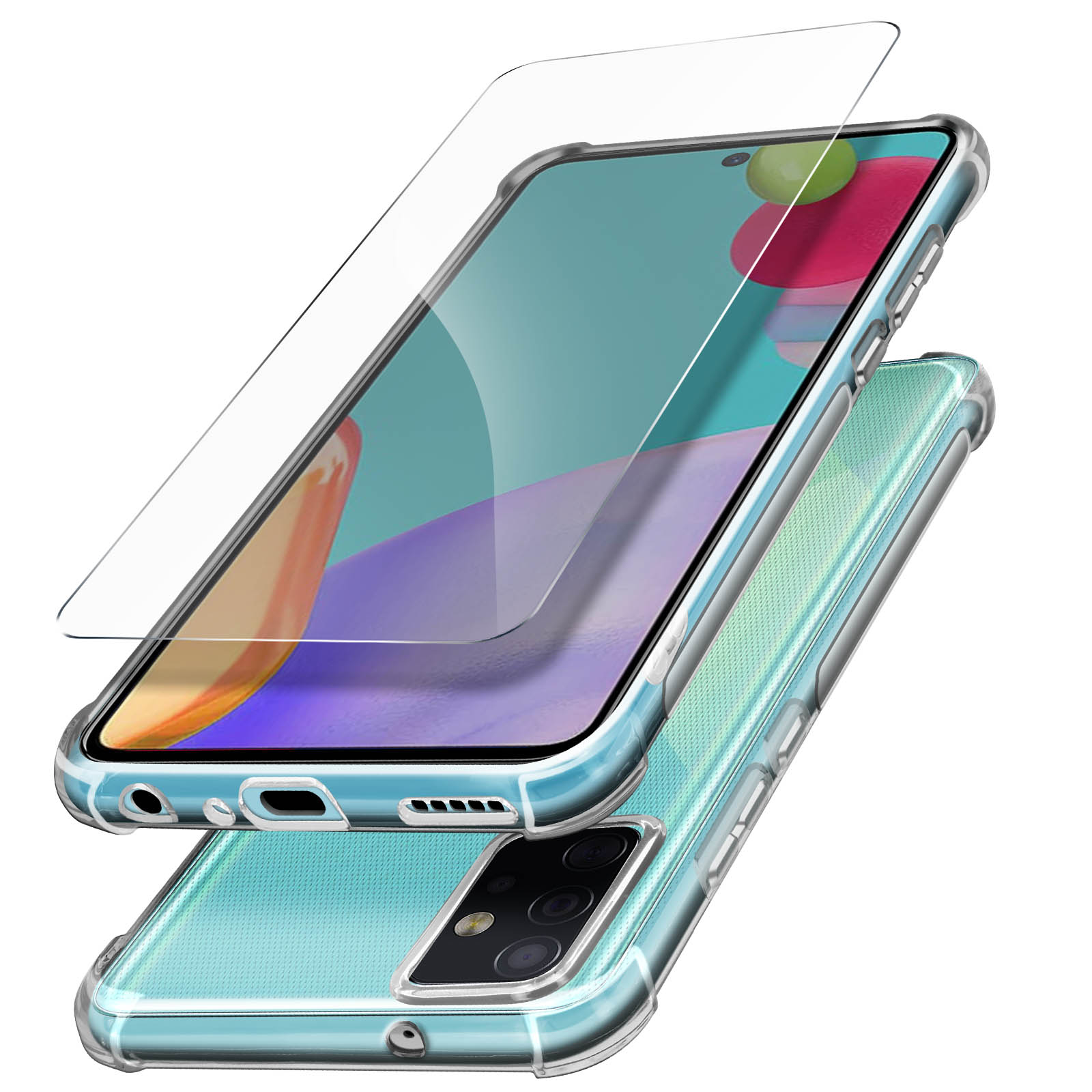 Un telefono con custodia trasparente e protezione schermo, con sfondo blu e viola.