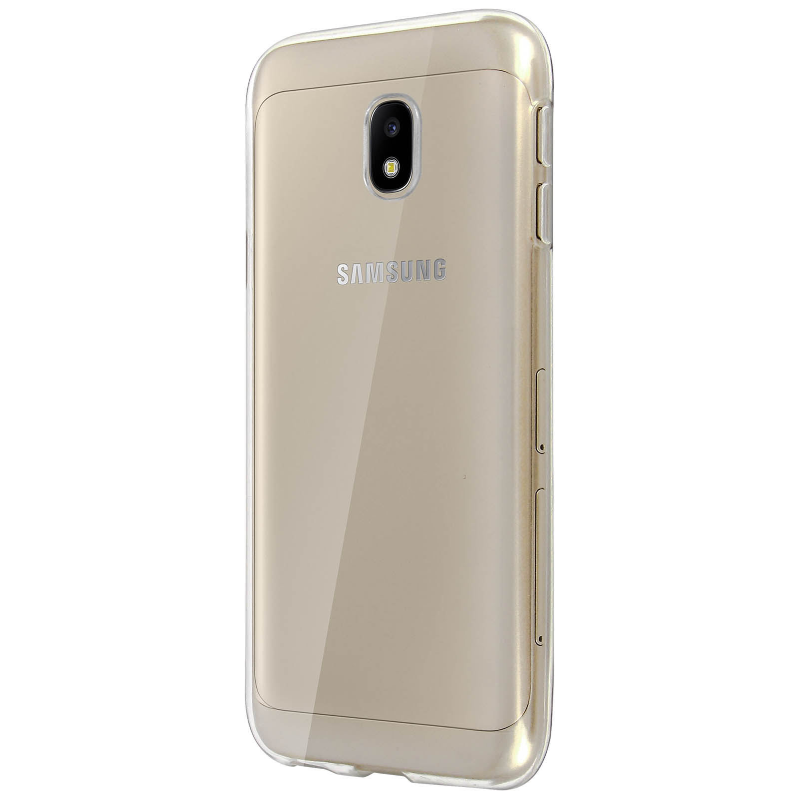 Un telefono in una custodia trasparente. Il telefono è dorato. La custodia è trasparente. Logo Samsung visibile.