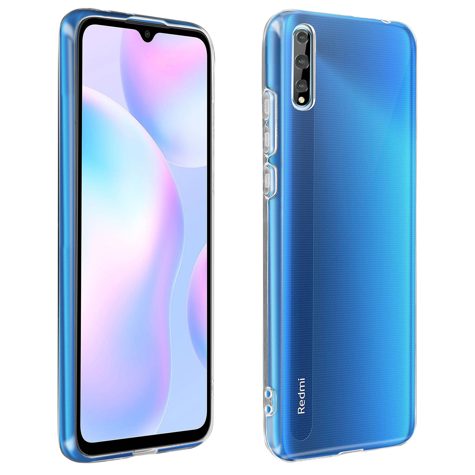 Een blauwe telefoon met een doorzichtig hoesje. Rechts de achterkant met hoesje.