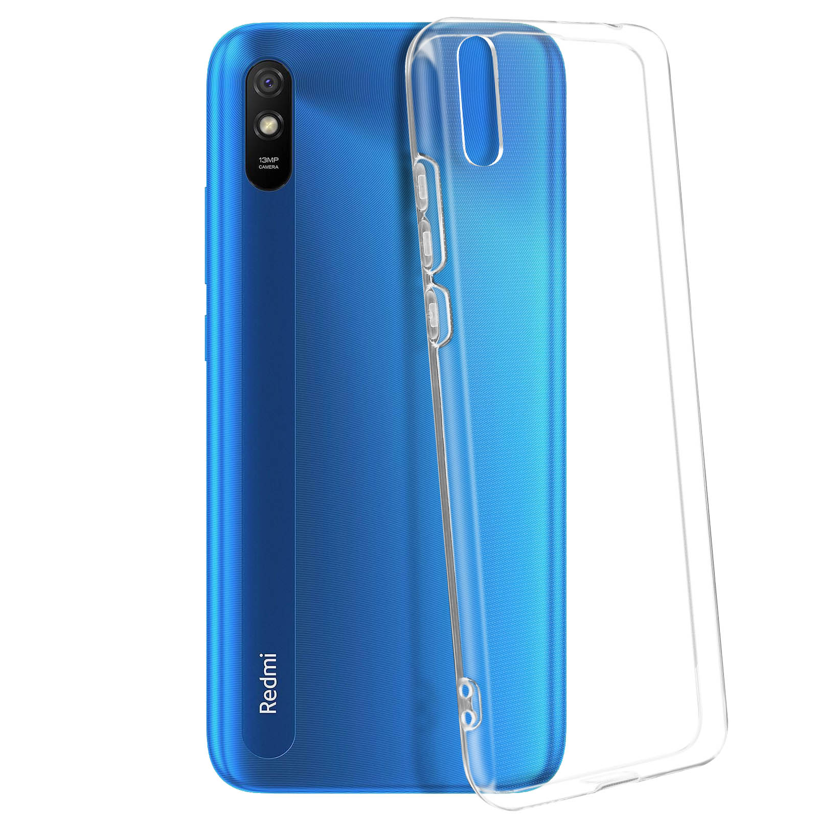 Blauwe Redmi-telefoon met een transparante hoes. De telefoon toont een camera aan de achterkant.