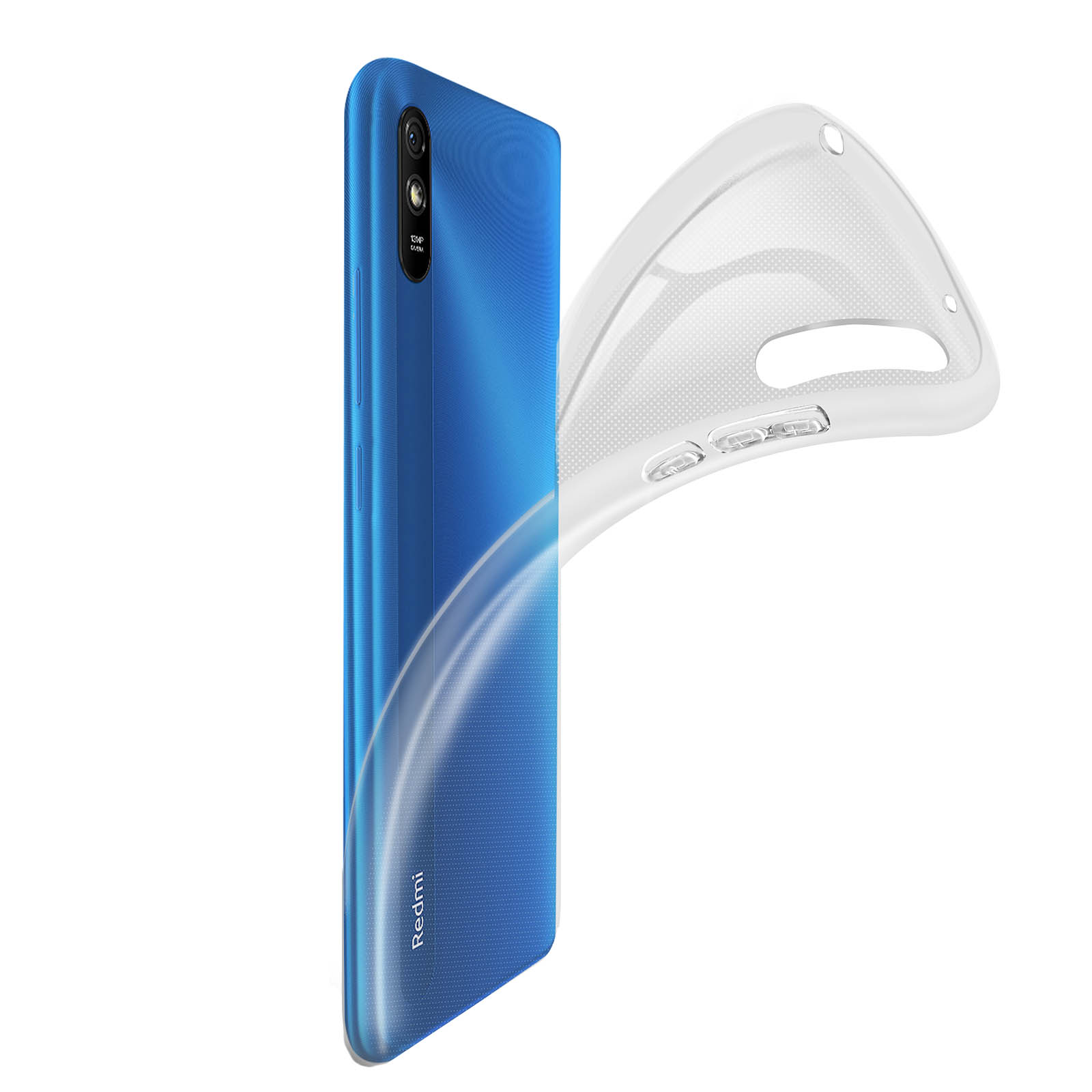 Téléphone bleu à côté d'une coque transparente, fond blanc. L'arrière du téléphone est visible.