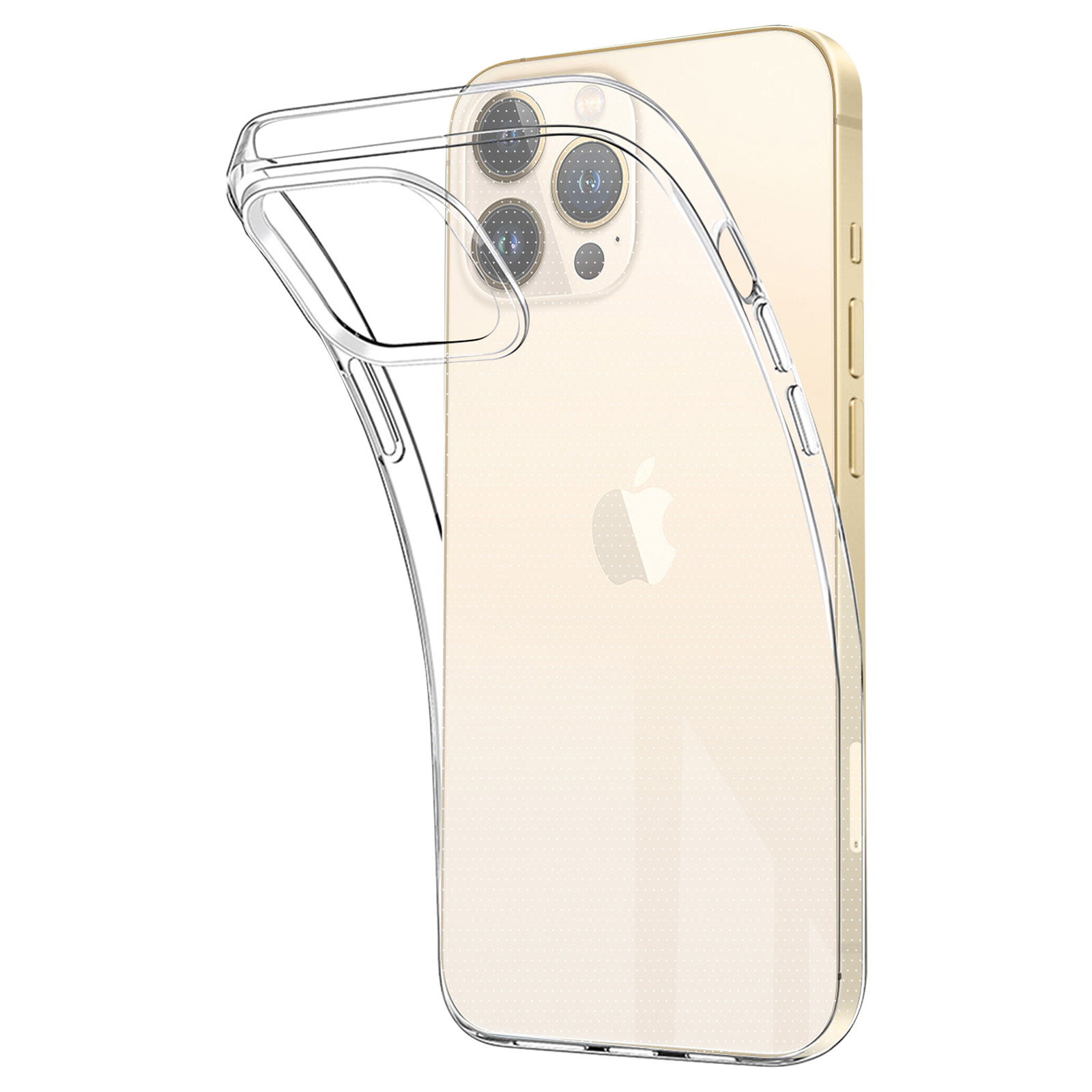 Een transparante telefoonhoes op een gouden telefoon, met een witte achtergrond.