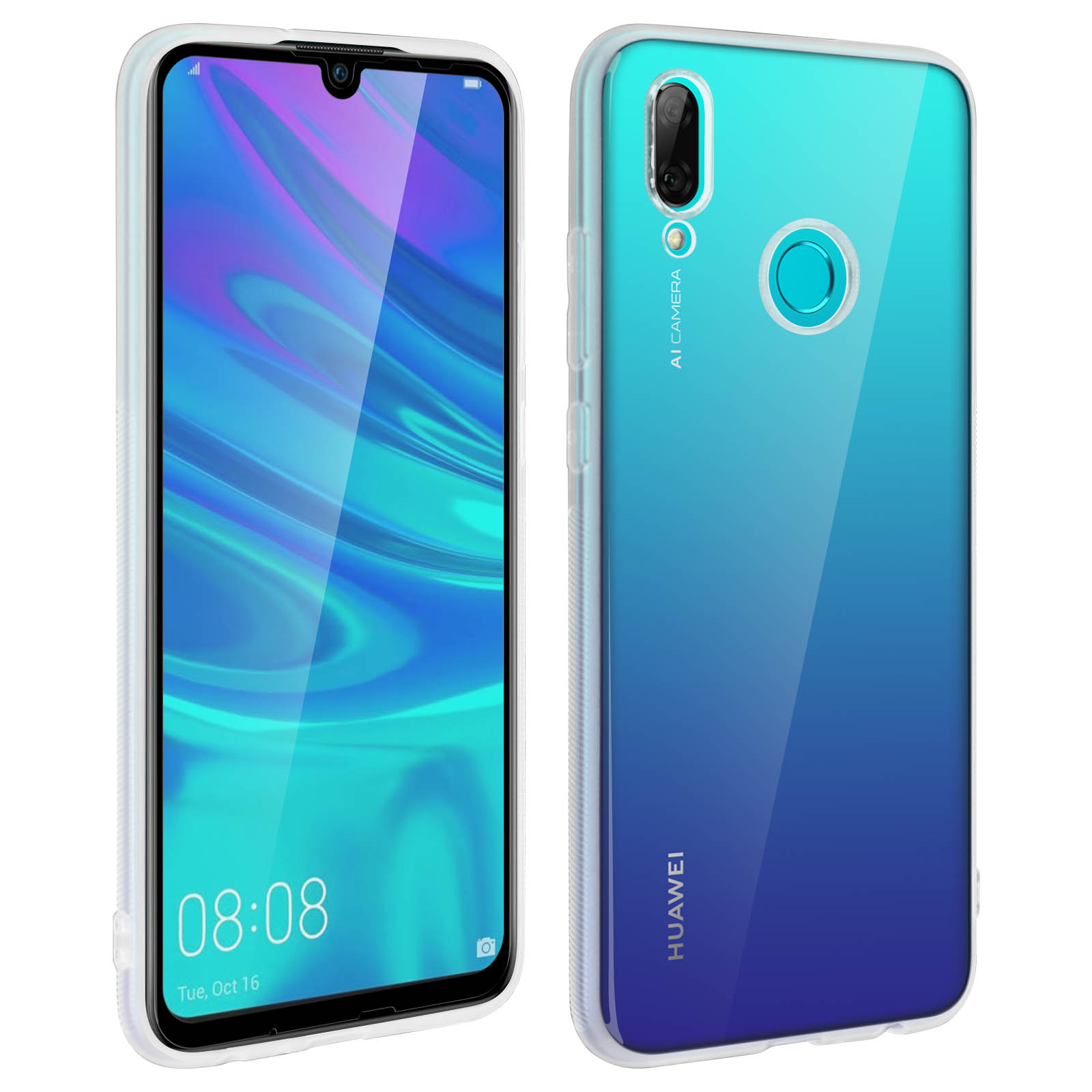 Smartphone avec une coque bleue et verte dégradée, montrant l'écran et l'arrière.