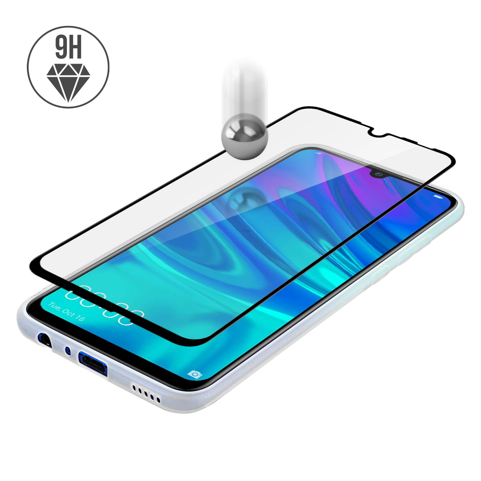 Telefon mit Displayschutz, metallische Kugel fällt darauf. Weißer Hintergrund.
