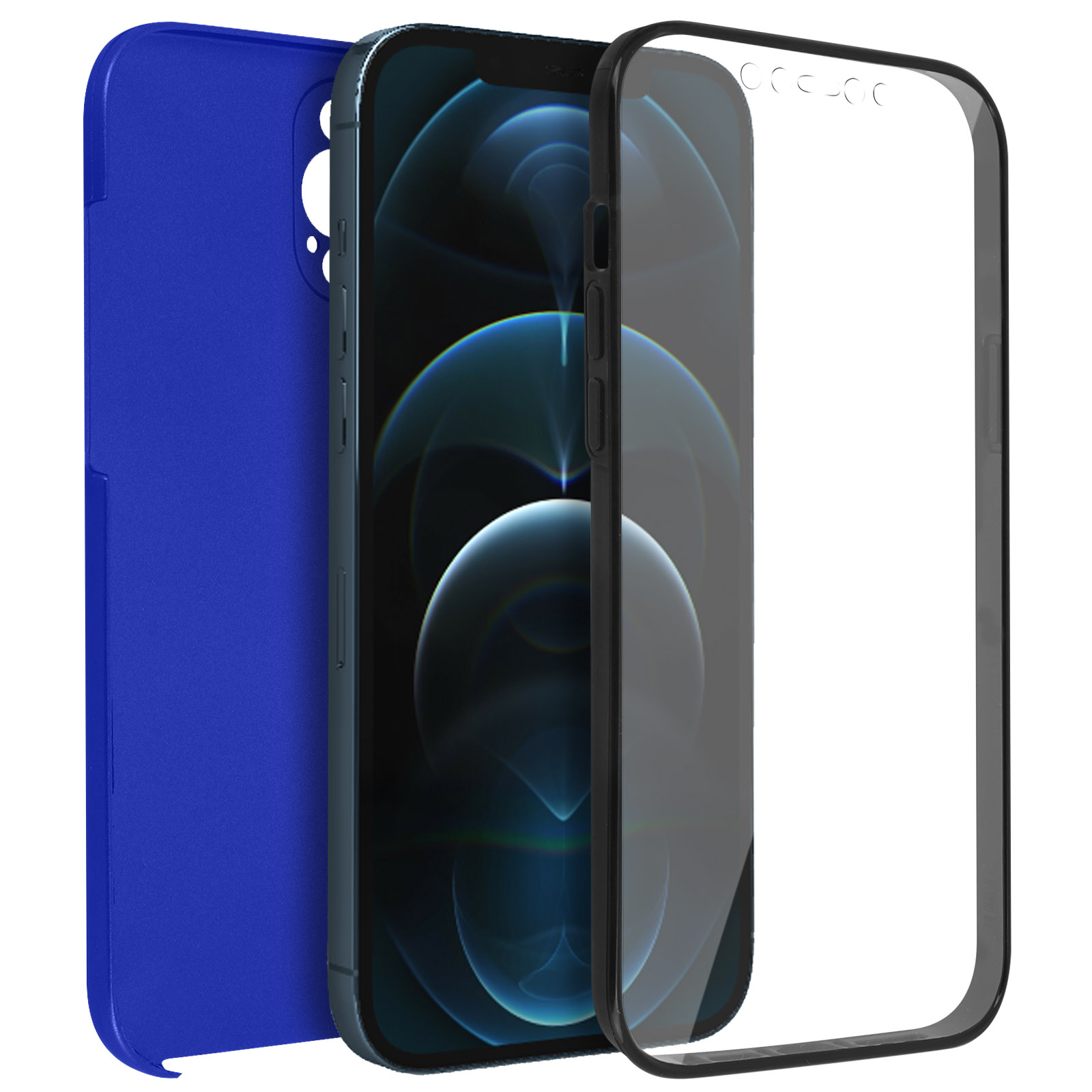 Een blauwe telefoonhoes met een schermbeschermer. De telefoon is blauw. De schermbeschermer is transparant.