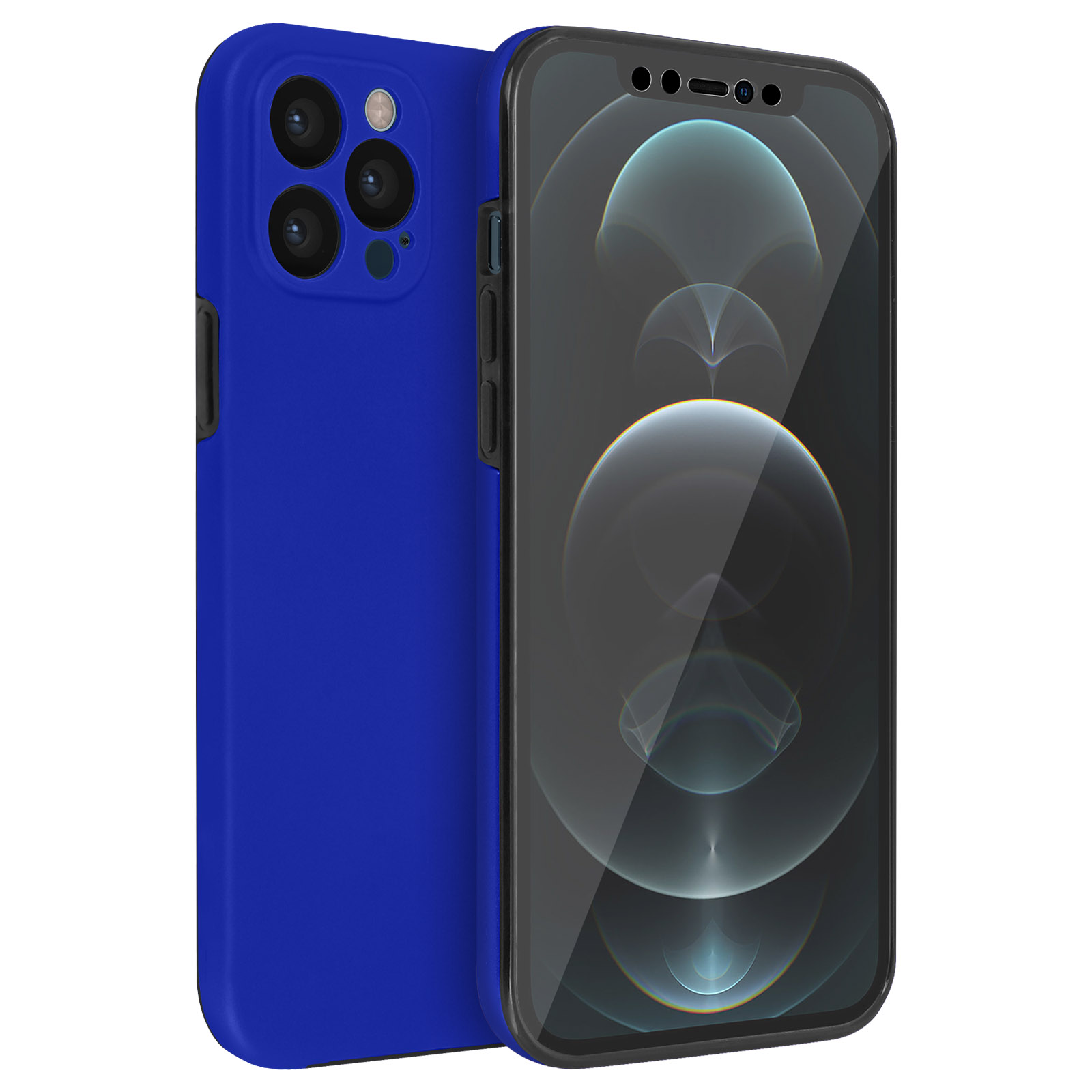 Blauwe telefoonhoes op een witte ondergrond. Een telefoon met scherm staat rechts.