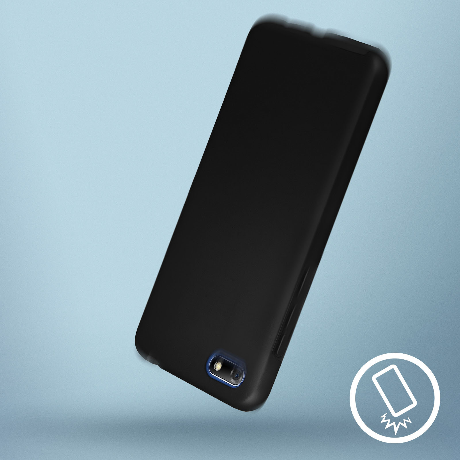 Una custodia per telefono nera su sfondo blu. Una custodia per telefono a mezz'aria. Un'icona di resistenza agli urti.