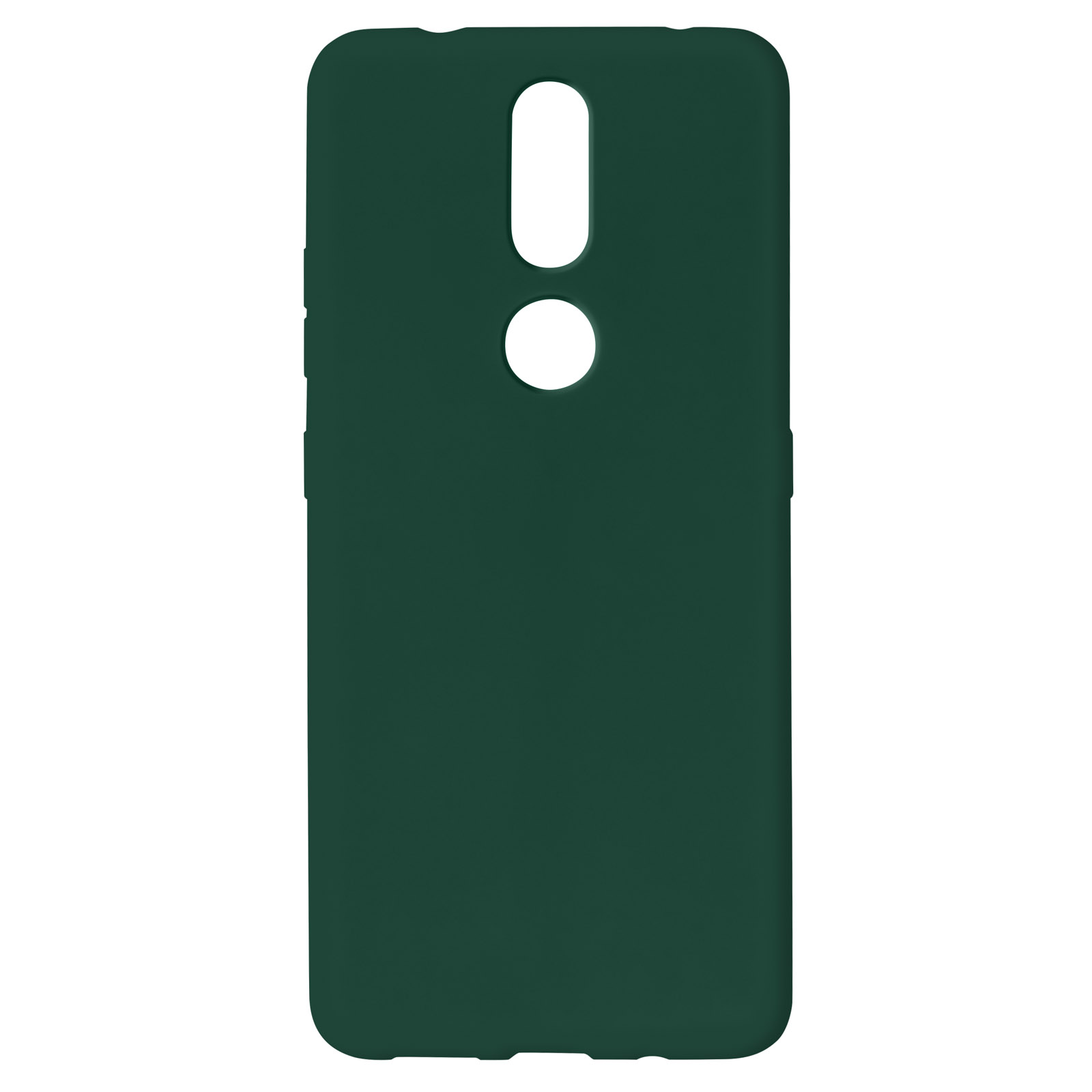 Custodia per telefono verde scuro. Fori per fotocamera e altre funzioni. Sfondo bianco.