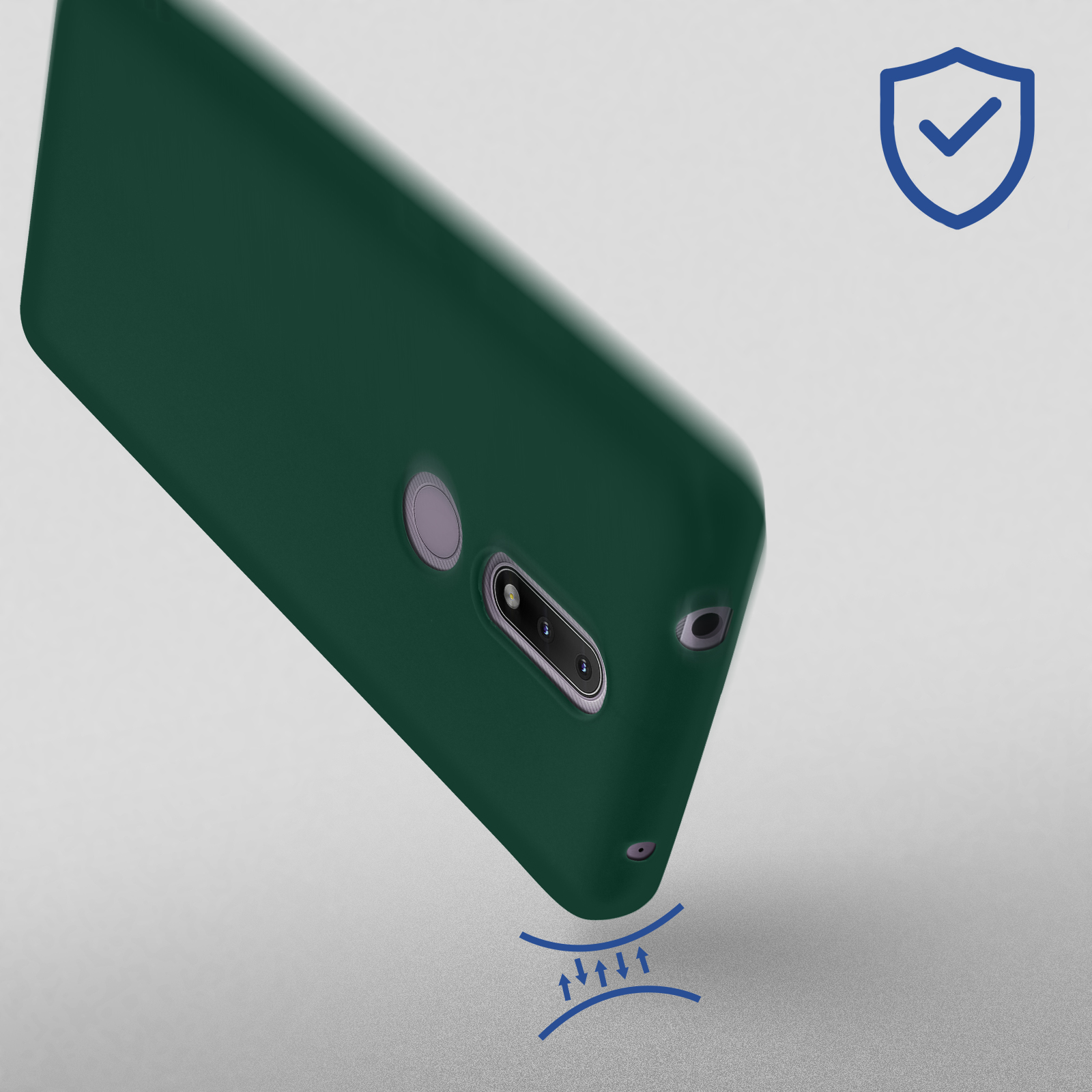 Custodia verde inclinata. Un segno di spunta blu in alto a destra. Frecce indicano la protezione dagli urti.