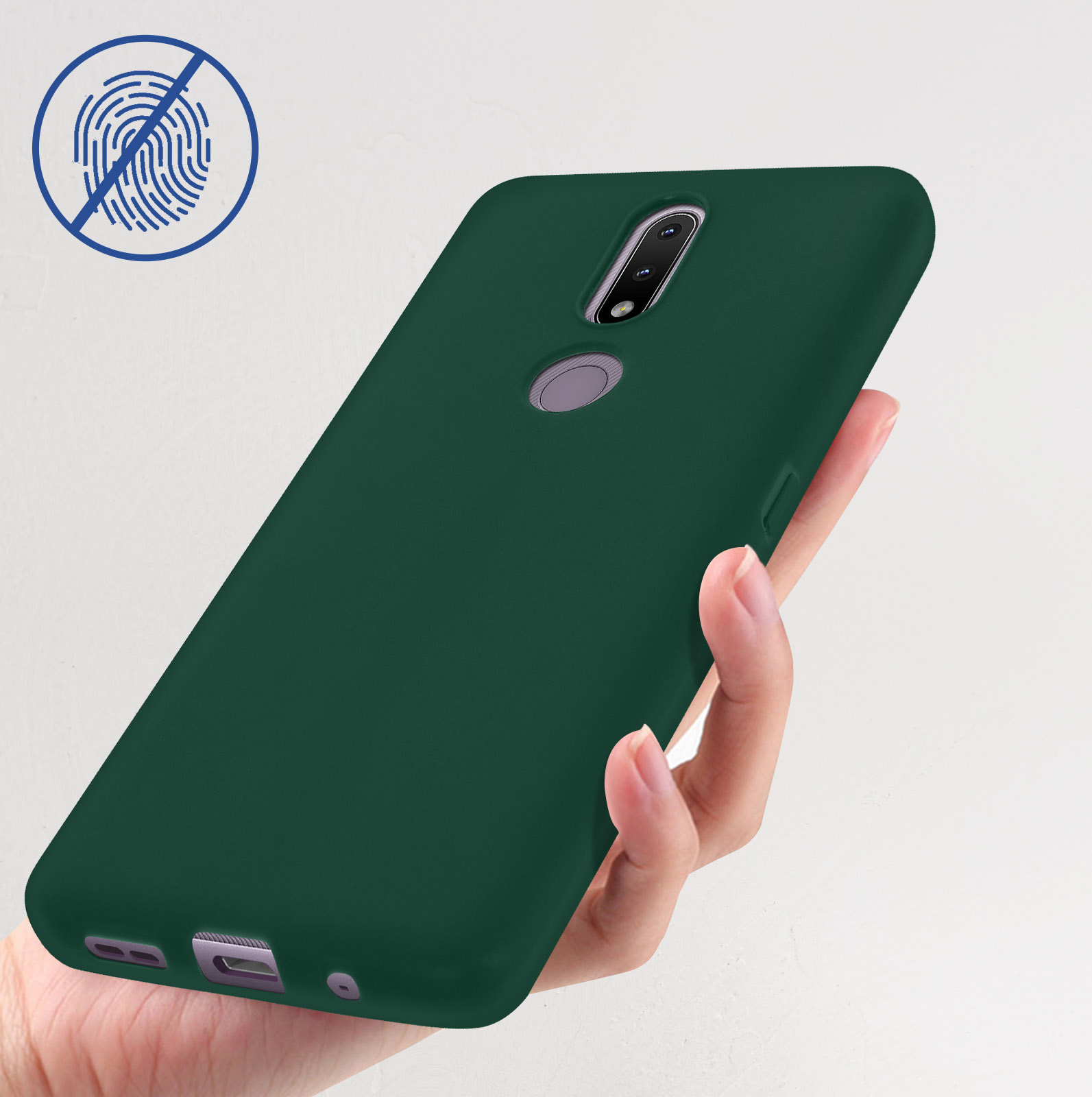 Mano che tiene una custodia per telefono verde scuro con fotocamera, su sfondo chiaro con simbolo di impronta digitale.
