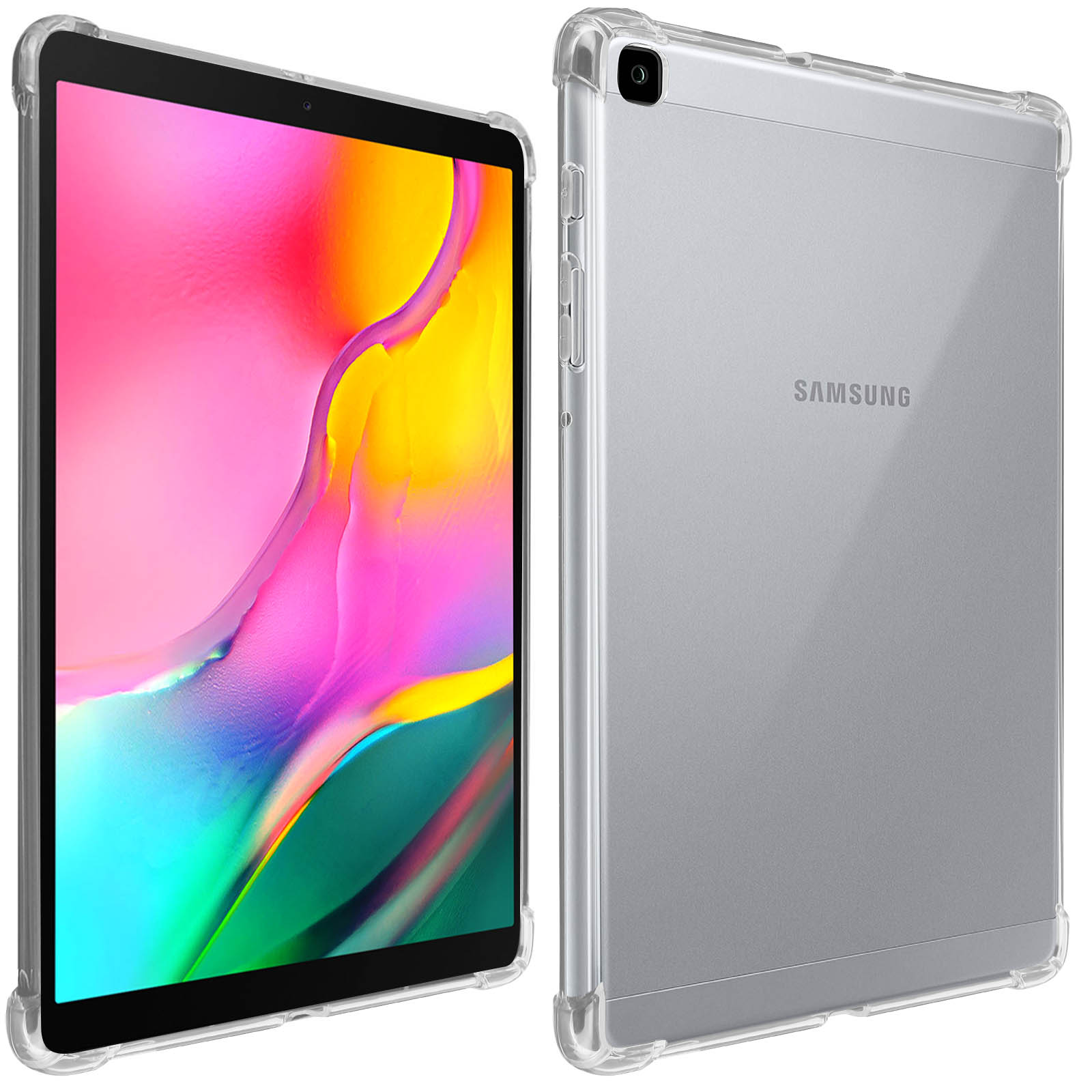 Ein Tablet mit einer transparenten Hülle. Das Tablet ist links und die Hülle rechts. Das Tablet ist silber.