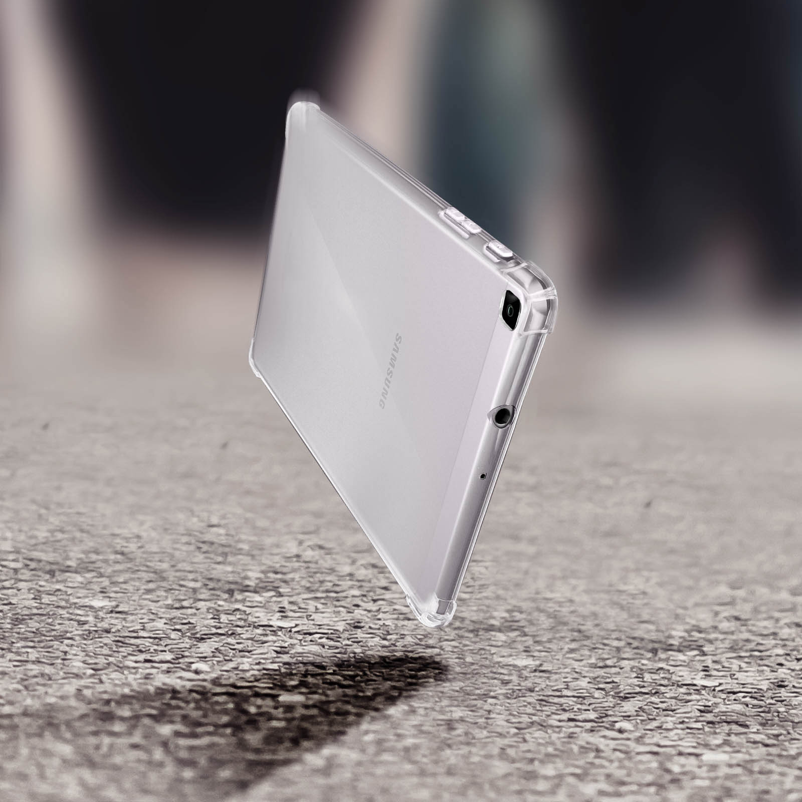 Eine transparente Handyhülle auf grauer Oberfläche. Ein Samsung-Gerät befindet sich darin.