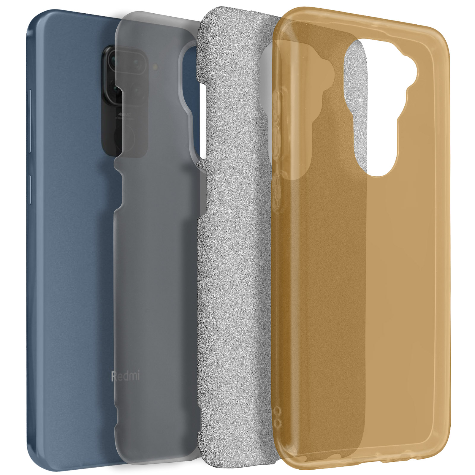 Blauwe telefoon met hoesjes. De telefoon heeft een blauwe achterkant. Hoesjes: blauw, grijs, glitter en helder.