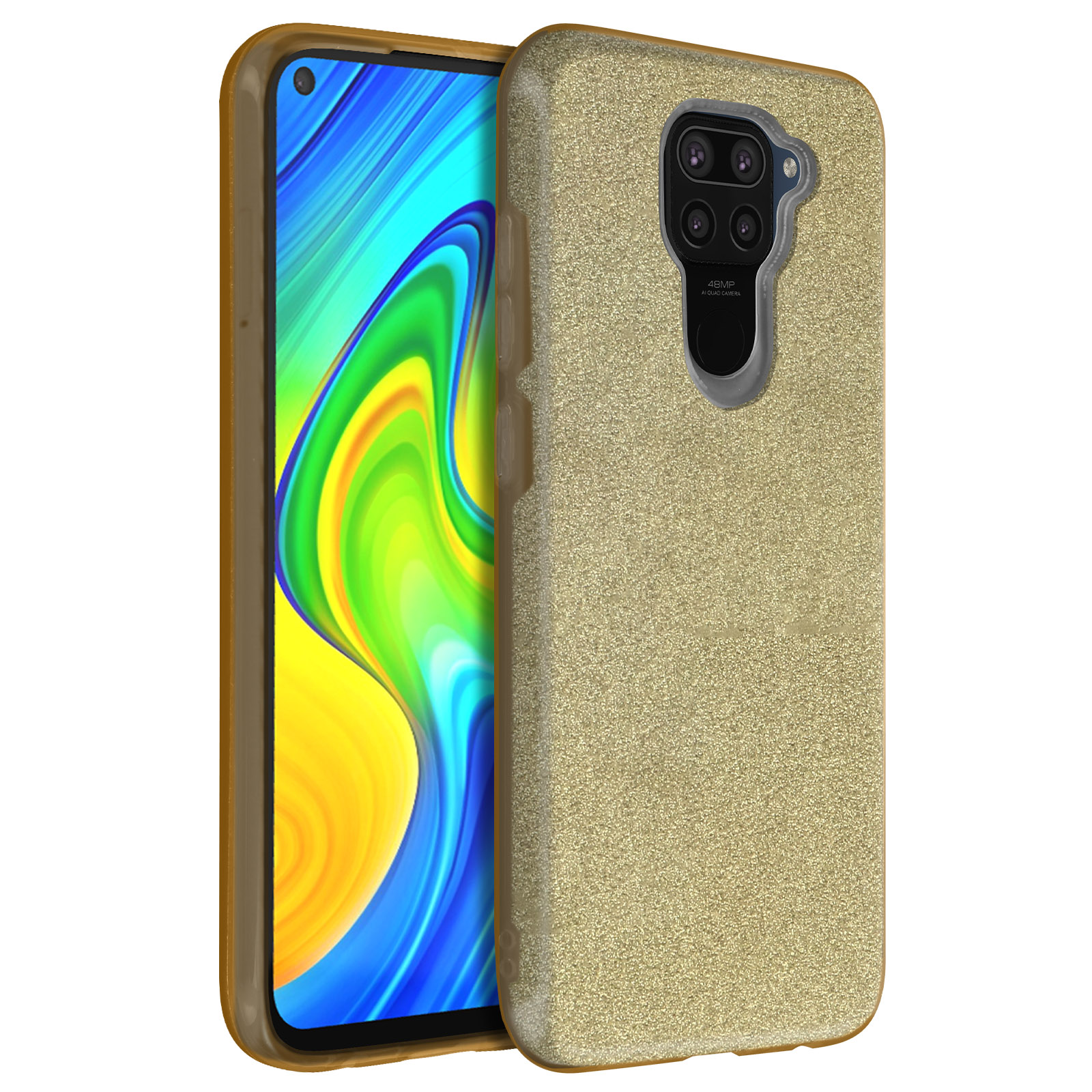Gouden glitter telefoonhoes met een telefoon erin. Het scherm van de telefoon is zichtbaar, de hoes is open.