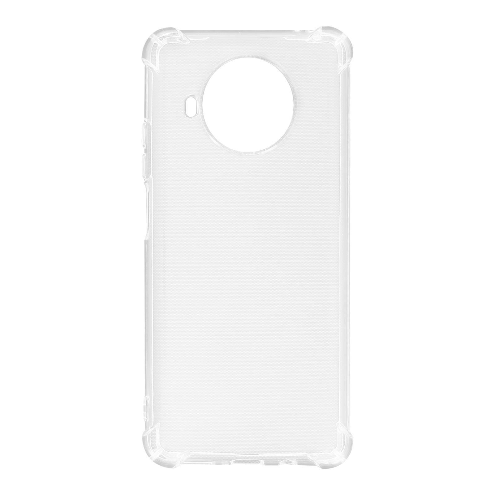 Una custodia trasparente per telefono con un cerchio per la fotocamera.