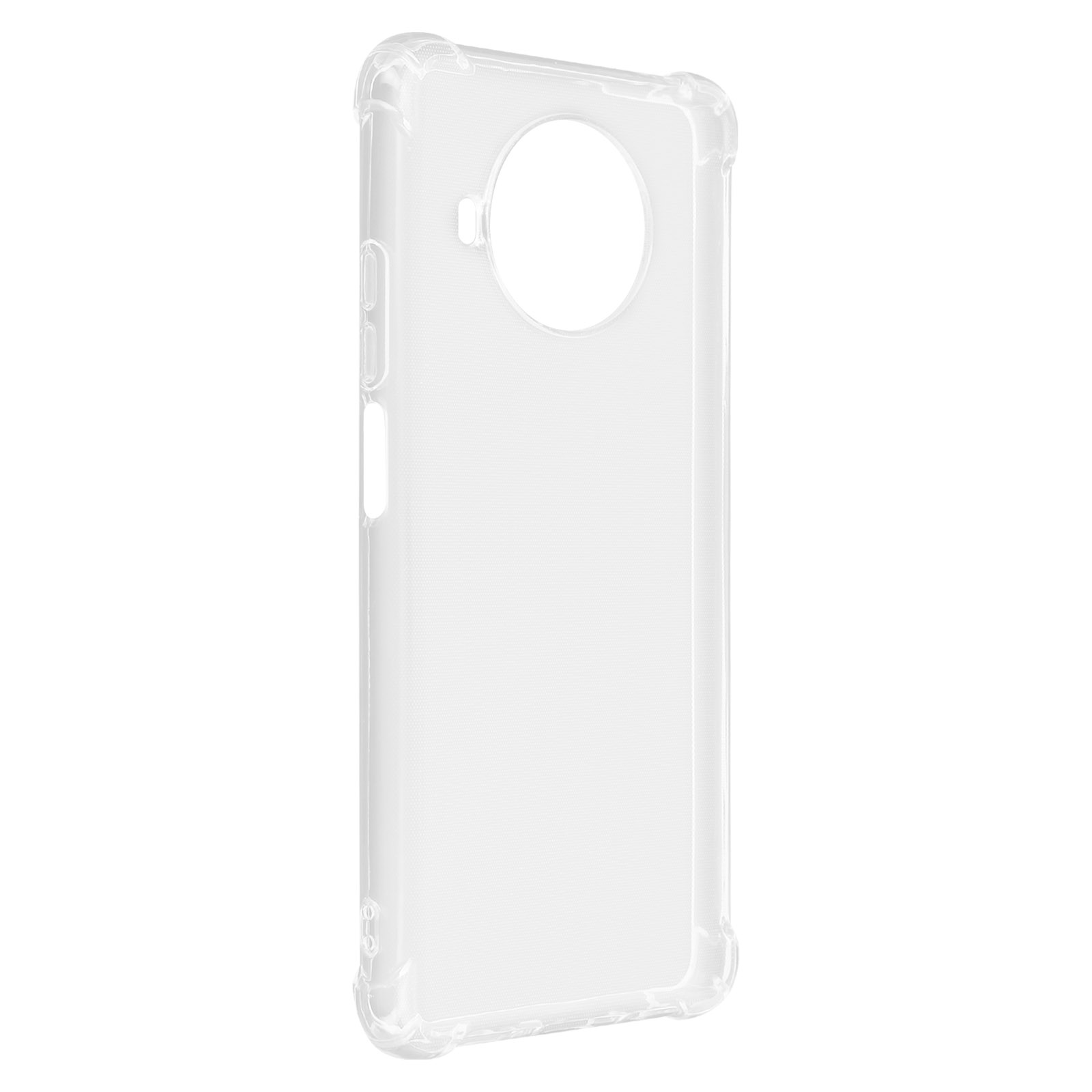 Custodia trasparente per telefono con apertura rotonda per la fotocamera. La custodia è trasparente e ha un design elegante.