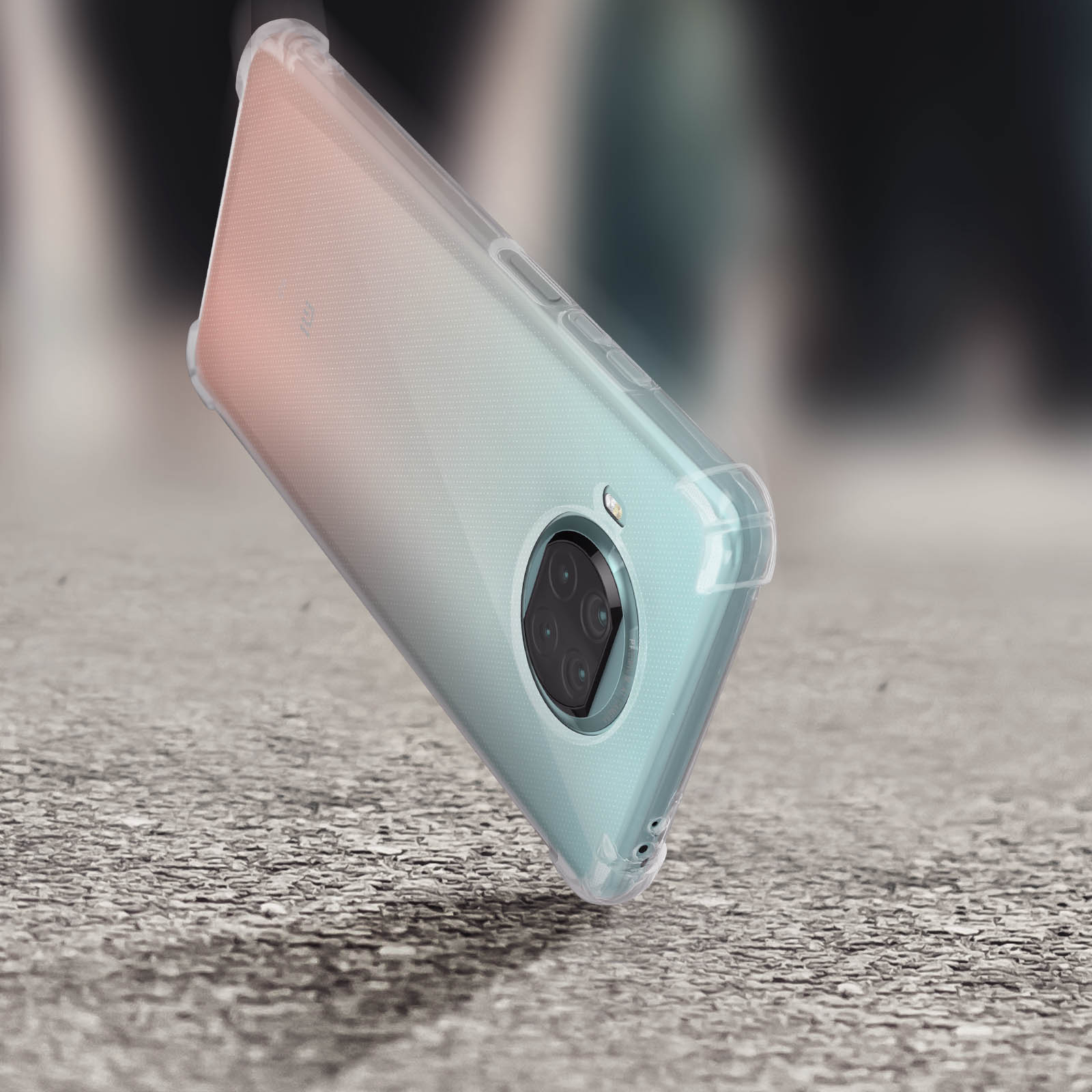 Custodia per telefono con copertura trasparente. Il telefono è blu-verde e la custodia è trasparente.