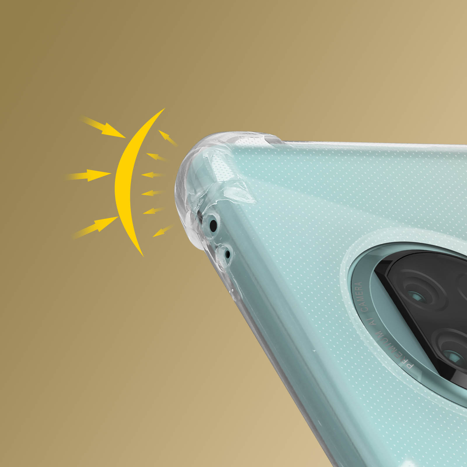 Primo piano di una custodia per telefono con fotocamera e icona del sole giallo.