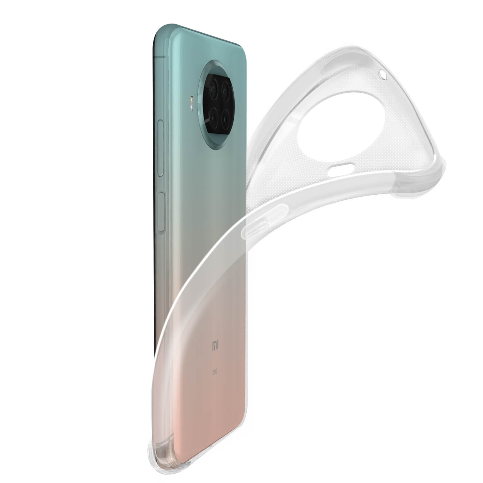 Un telefono con una custodia trasparente viene tenuto in mano, con la fotocamera visibile.