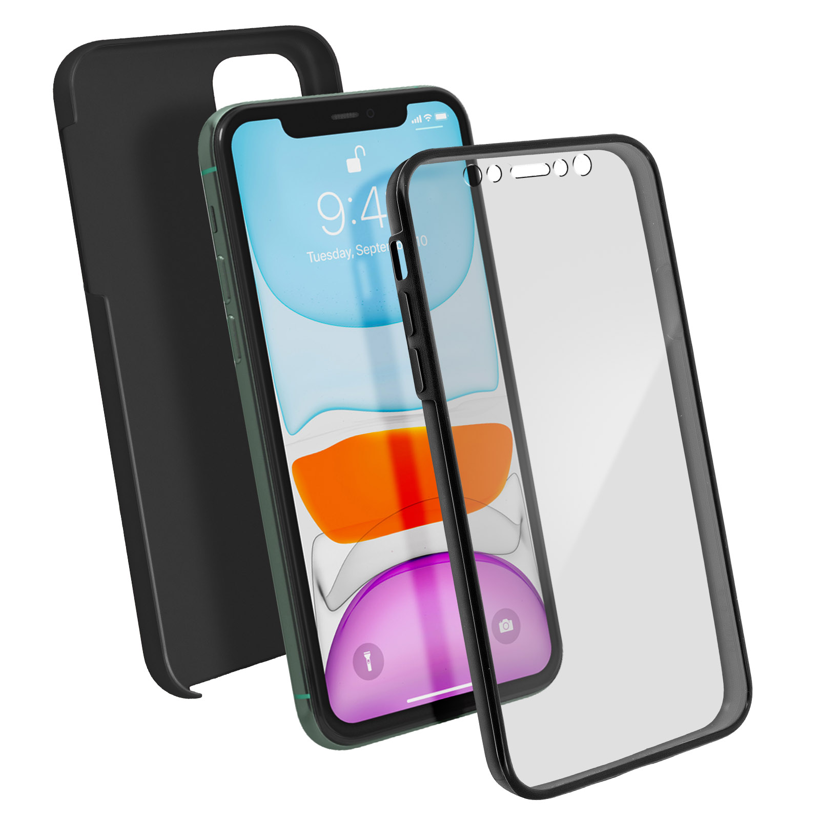 Un téléphone avec un étui et un protecteur d'écran. L'écran affiche une interface d'application. L'étui est noir, le protecteur clair.