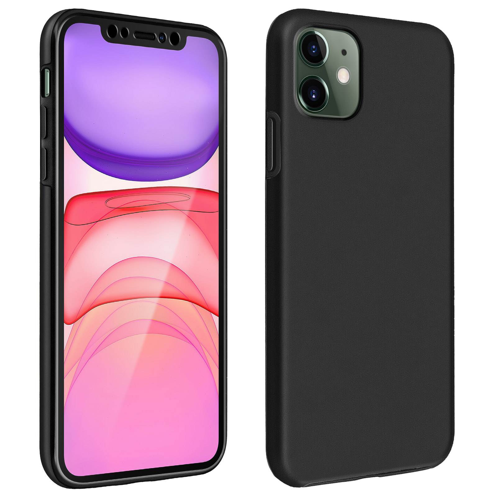 iPhone noir avec coque noire. Affiche un fond d'écran violet et rose.
