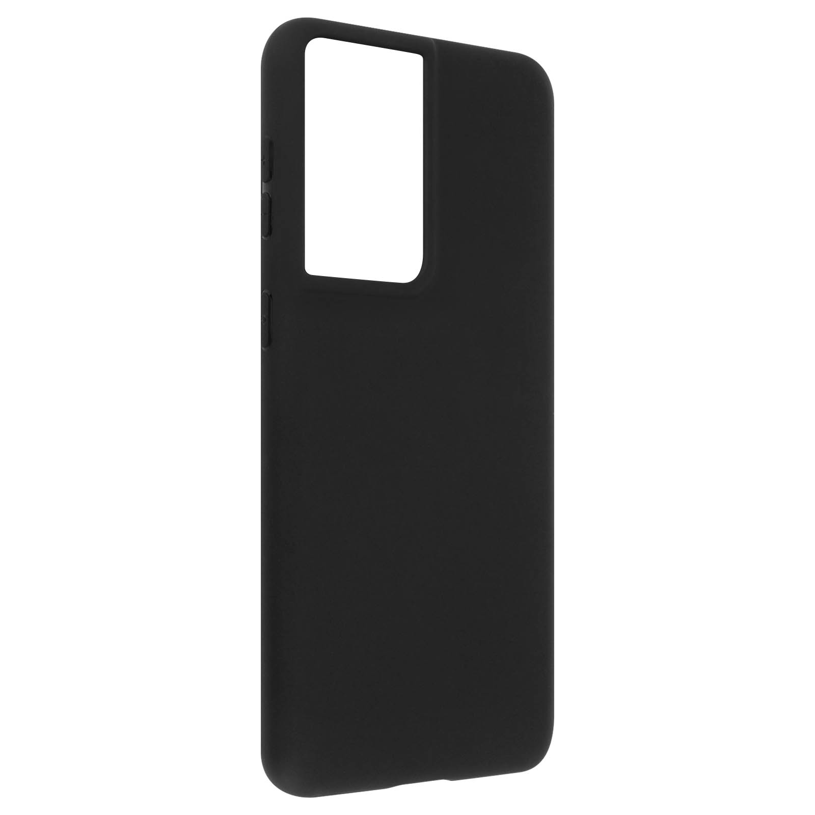 Une coque de téléphone noire unie avec une découpe pour la caméra. La coque est posée sur une surface blanche.