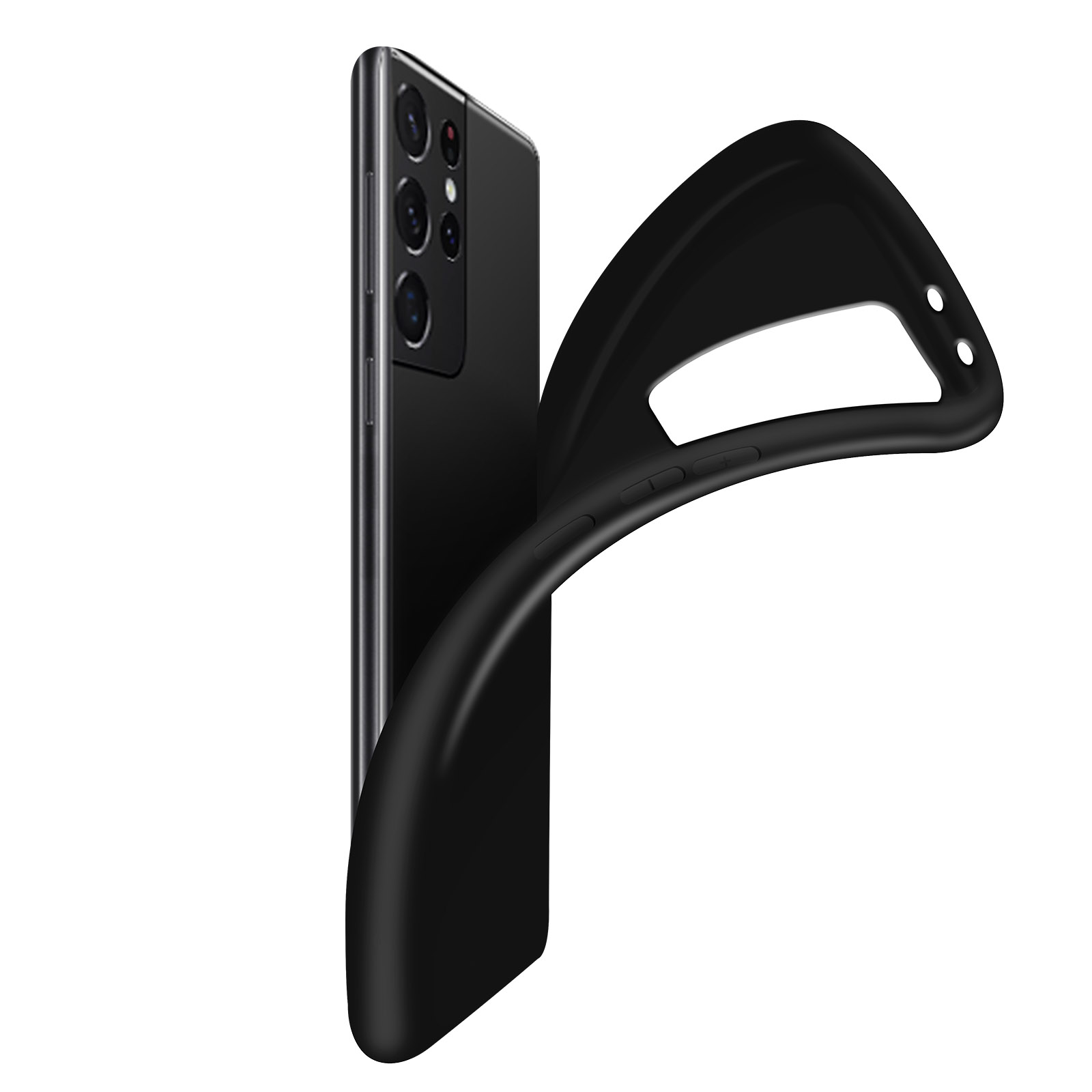 Un téléphone noir avec une coque flexible. La coque se plie en arrière. Le fond est blanc.