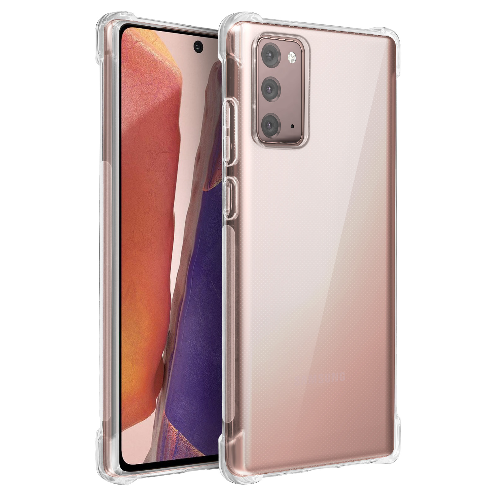Custodia trasparente per telefono su un telefono rosa. La custodia ha un ritaglio per la fotocamera e copritasti.