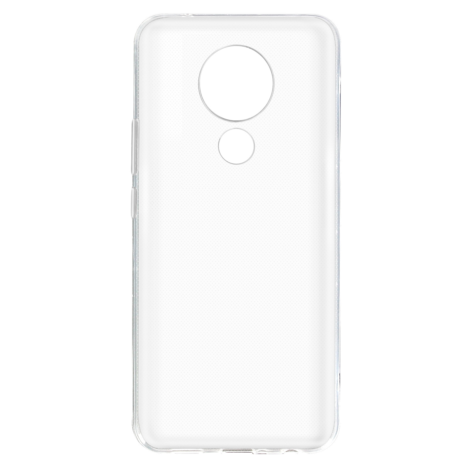Custodia trasparente per telefono con foro per fotocamera e fori per i pulsanti, su sfondo bianco.