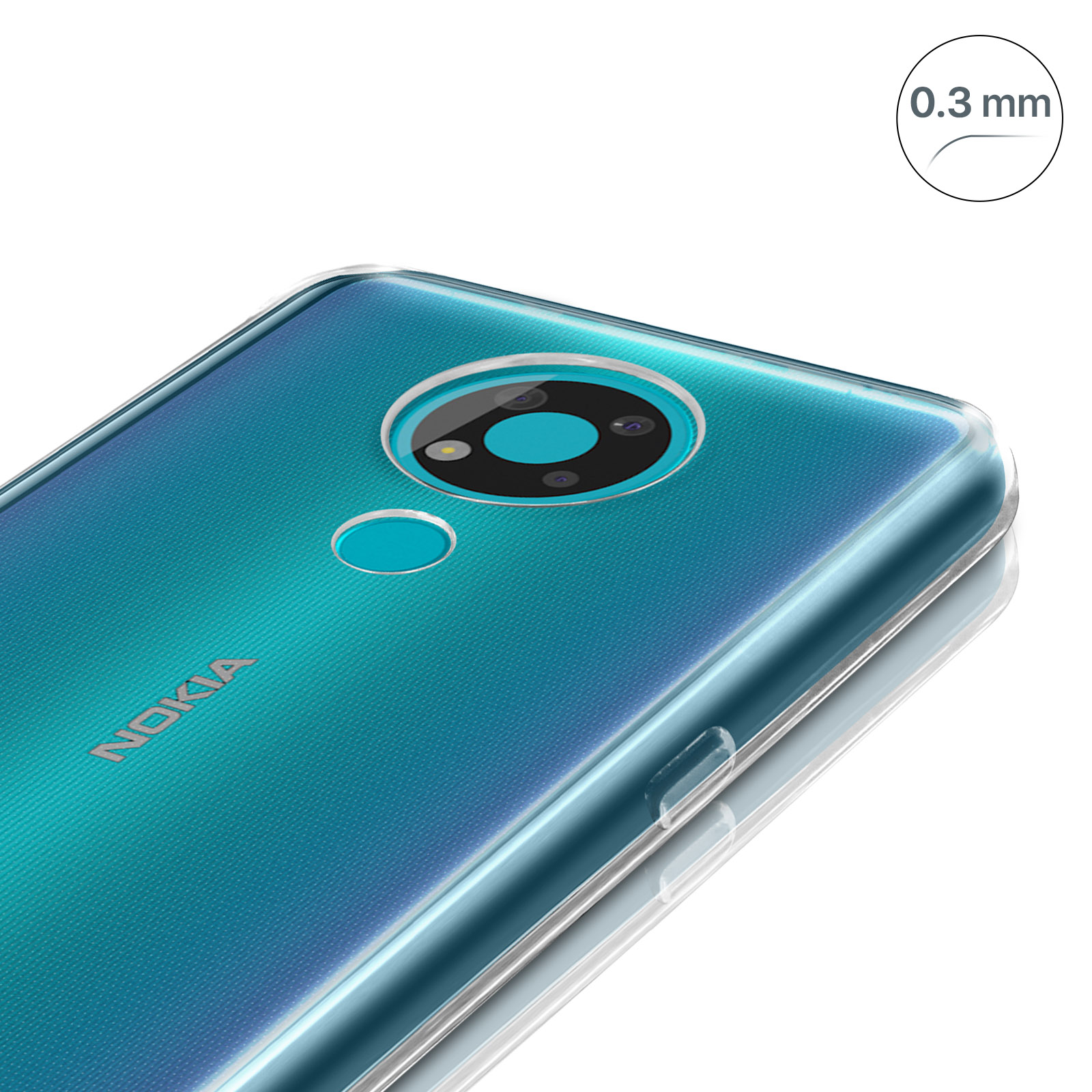Un telefono con custodia trasparente, con configurazione della fotocamera e testo: 0,3 mm.