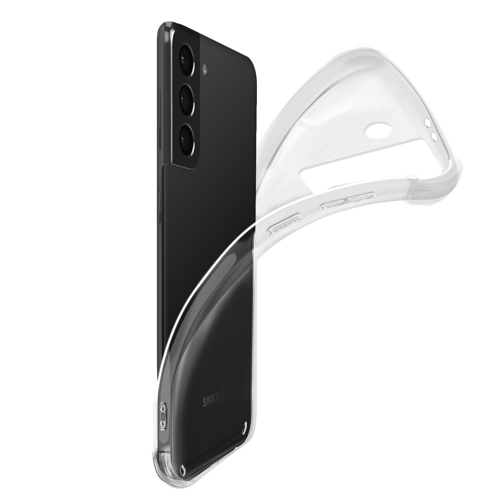 Telefono nero, custodia trasparente. La custodia è sollevata, rivelando il retro del telefono.