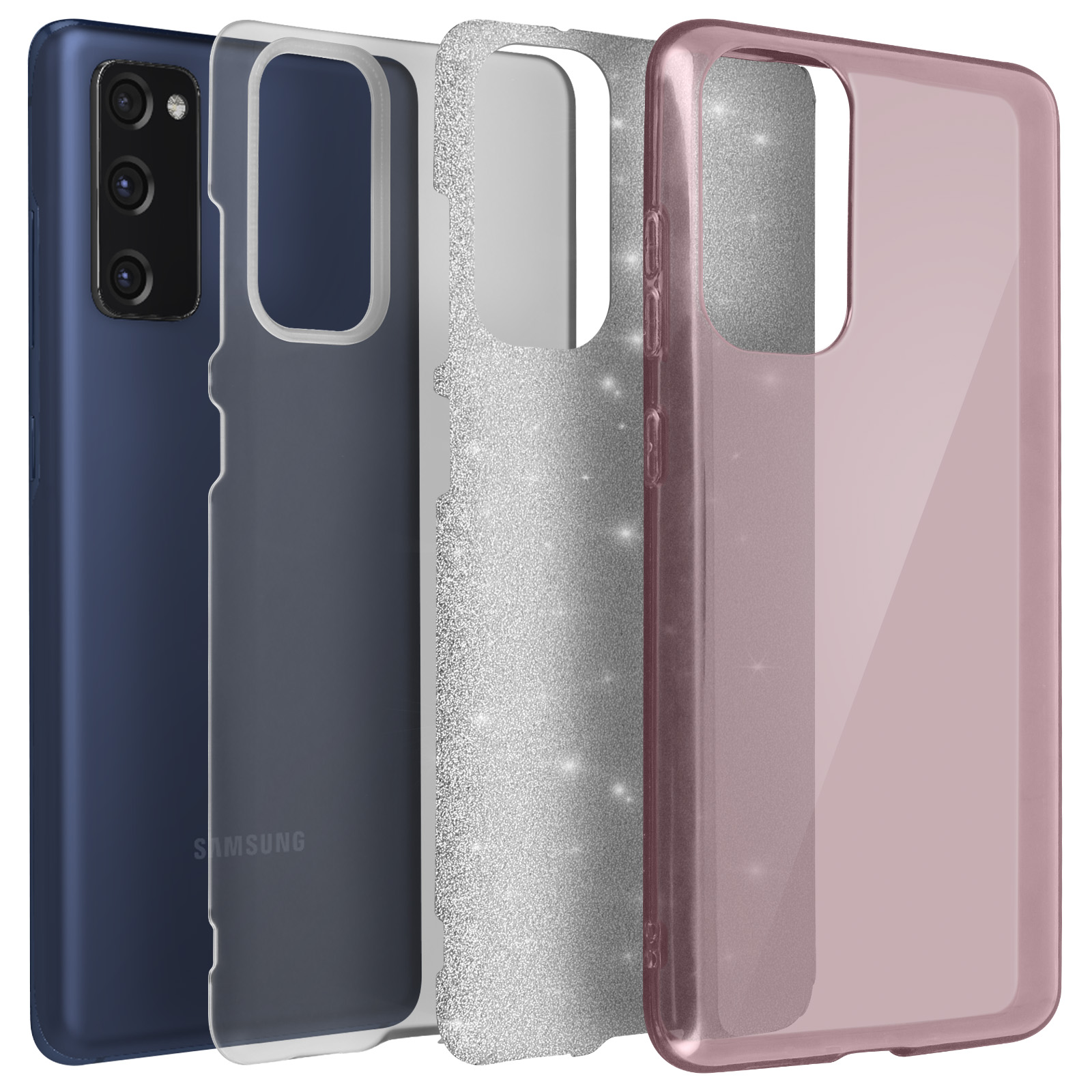 Un telefono smontato con custodia e protezione per lo schermo. Il telefono è blu scuro.