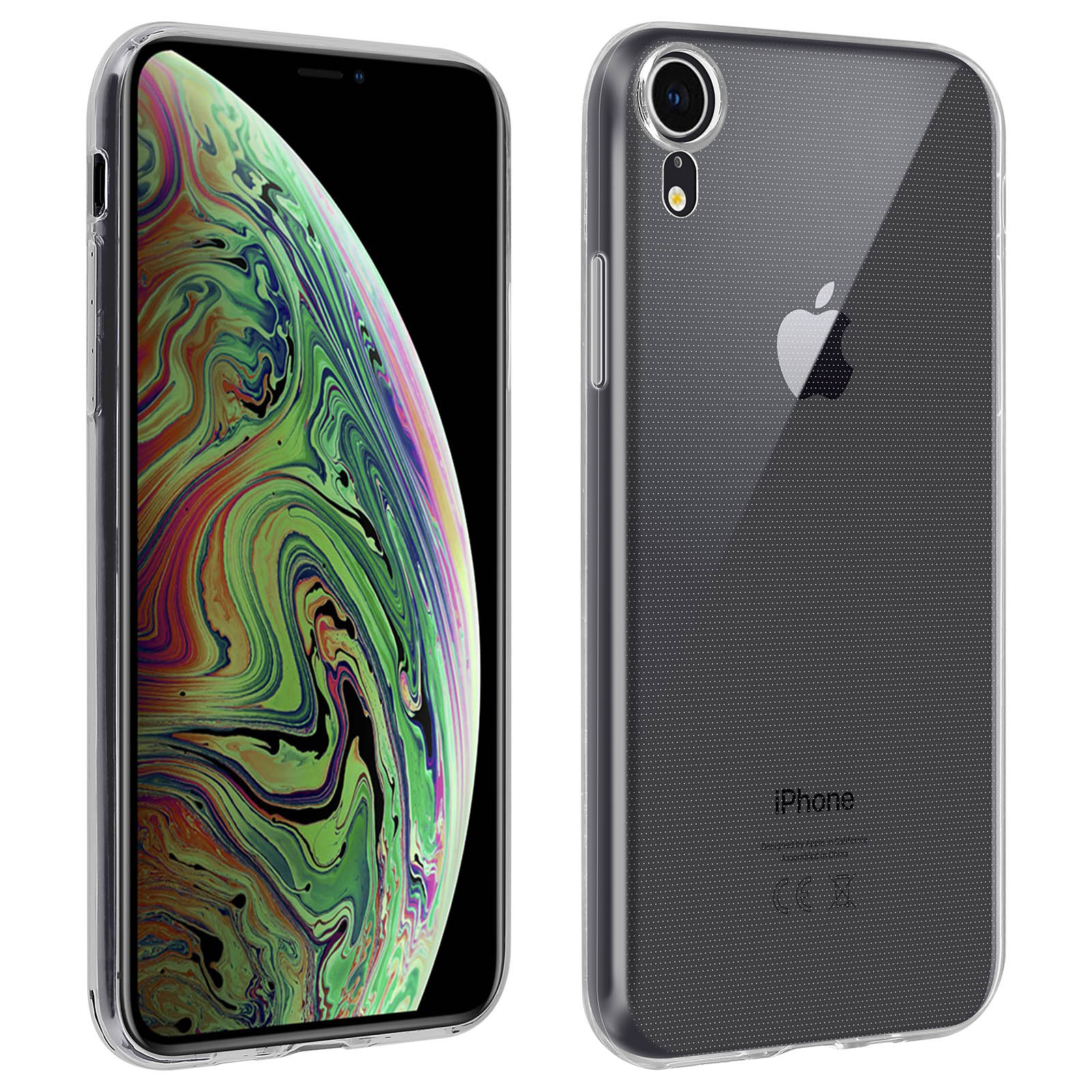 iPhone con custodia trasparente. La custodia è trasparente. Il telefono ha uno sfondo a motivi verdi e gialli.