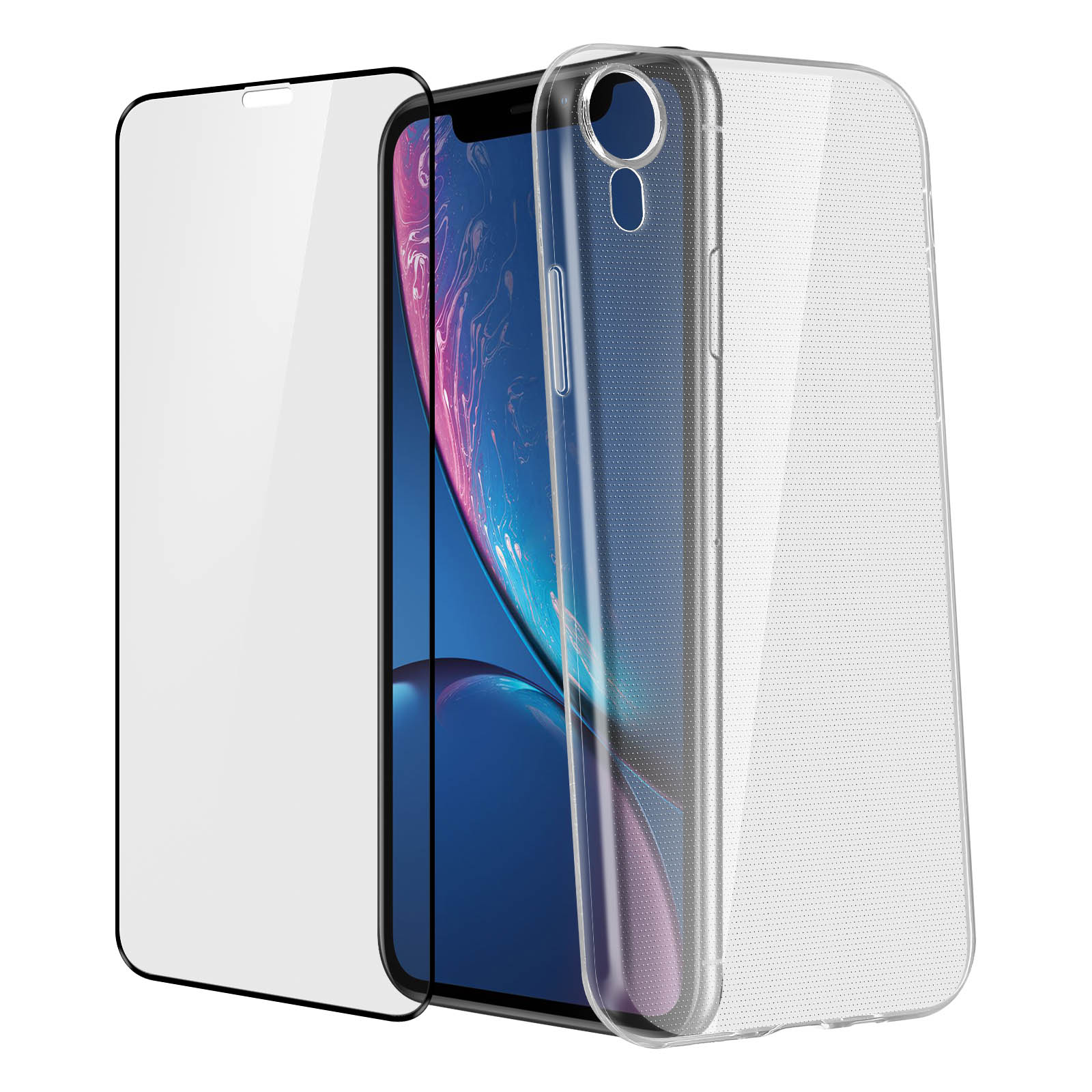 Telefono, proteggi schermo e custodia. Protezione e custodia trasparenti, telefono visibile.