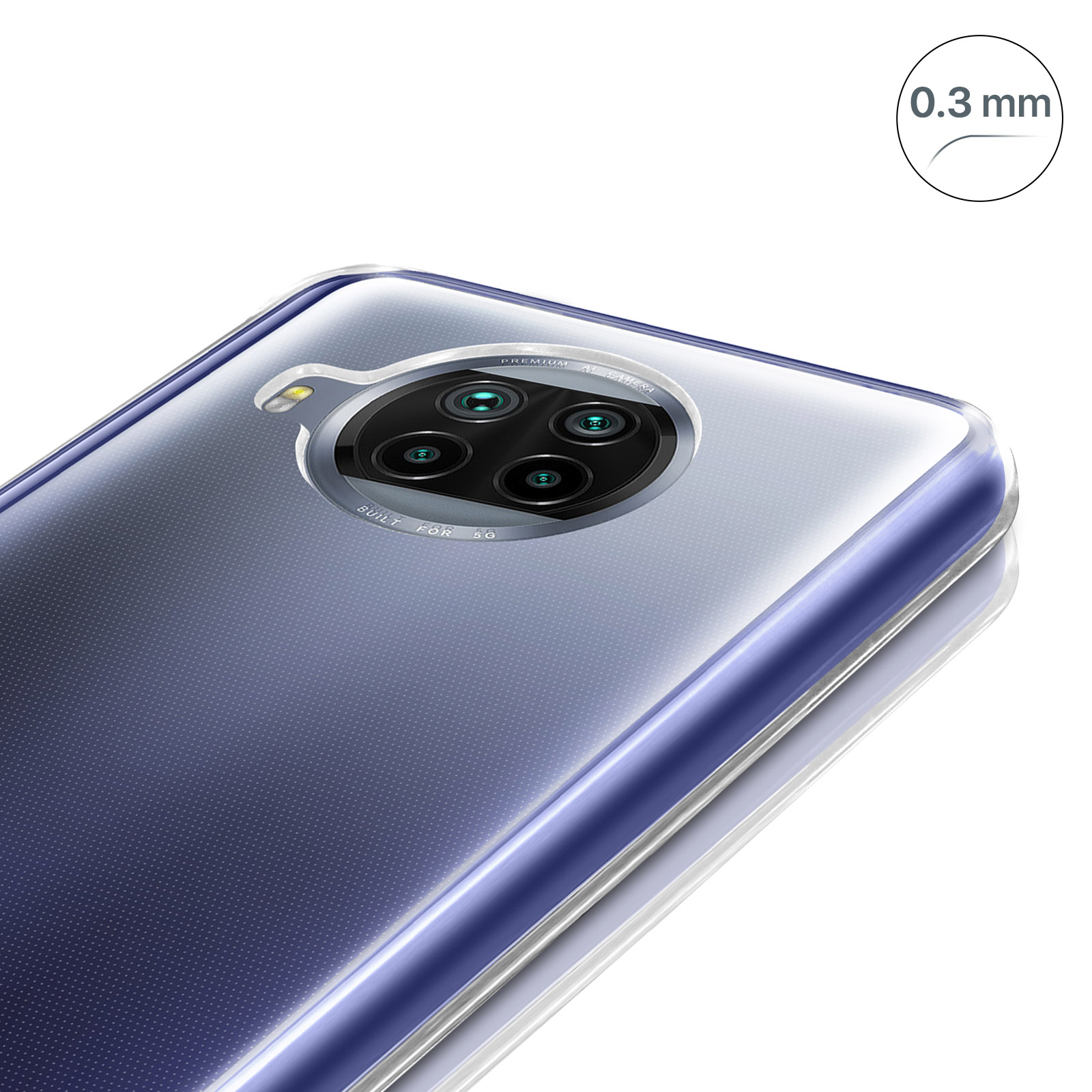 Un primo piano di una custodia per telefono, la custodia è trasparente. Il telefono ha un rigonfiamento della fotocamera.