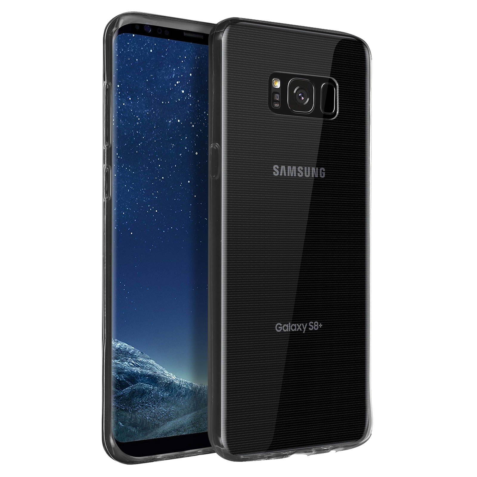 Un telefono in una custodia trasparente. Il telefono è nero con un logo Samsung.