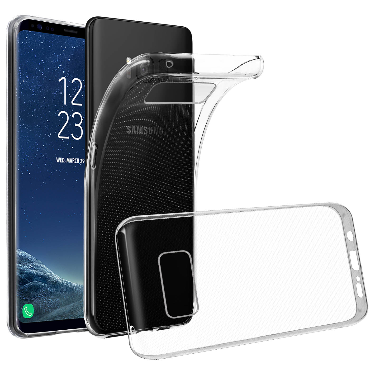 Un telefono con una custodia trasparente e un telefono senza sono esposti insieme.