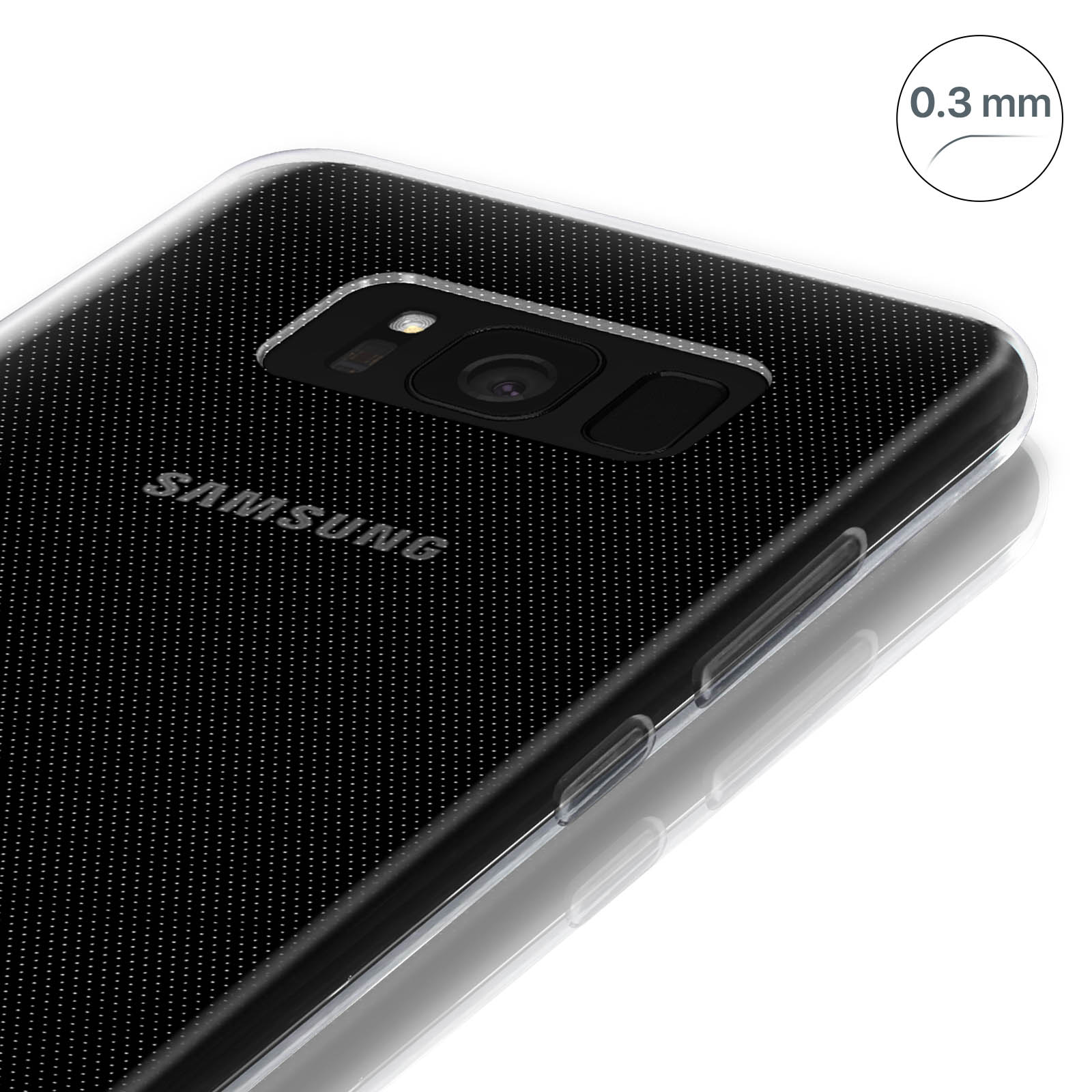 Primo piano di una custodia trasparente su un telefono nero. Visibile la trama a punti neri. Testo 0,3 mm.