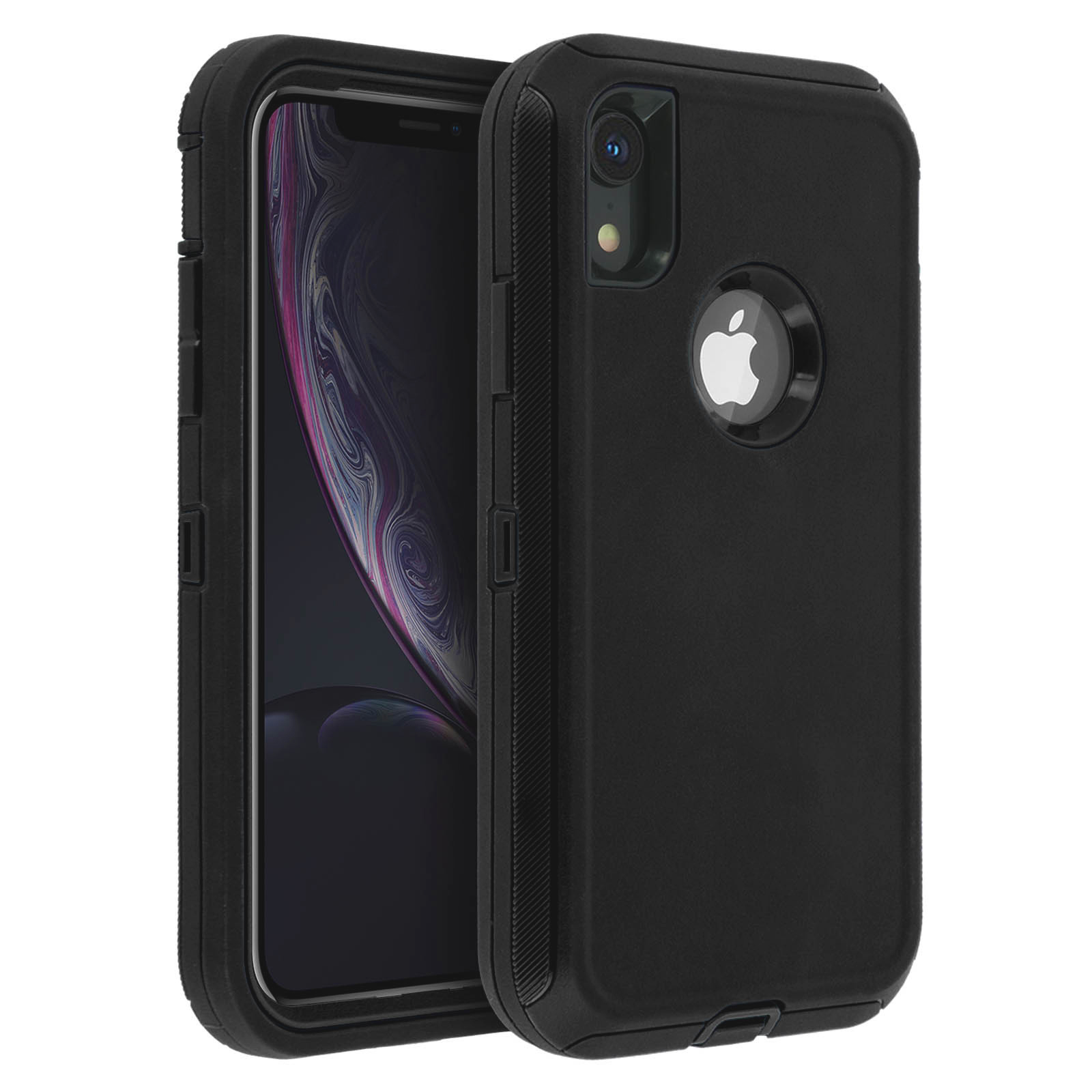 iPhone nero in robusta custodia nera. Fotocamera e logo Apple visibili.