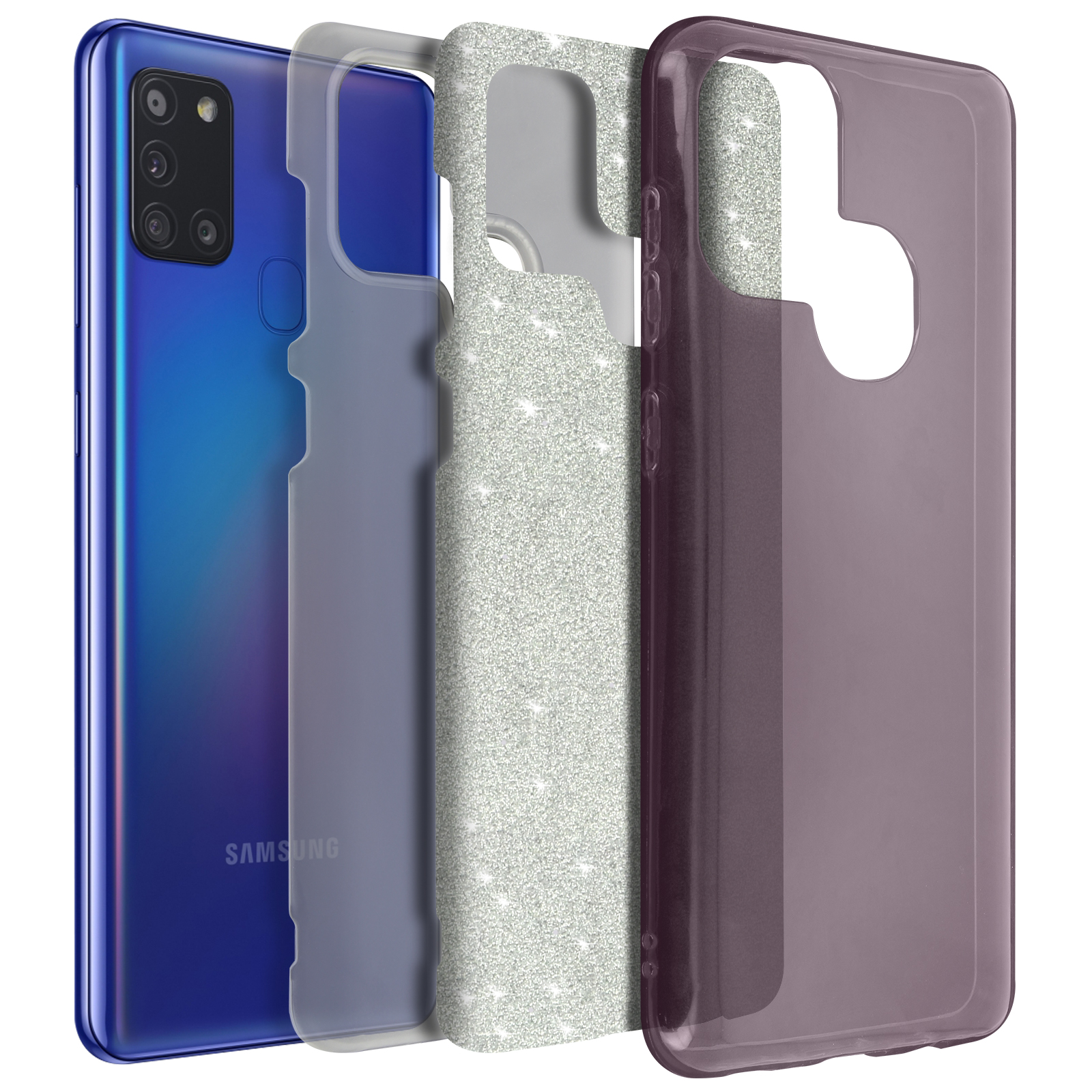 Blauwe telefoon met hoesjes. De telefoon heeft een blauwe achterkant. Hoesjes: blauw, grijs, glitter en helder.