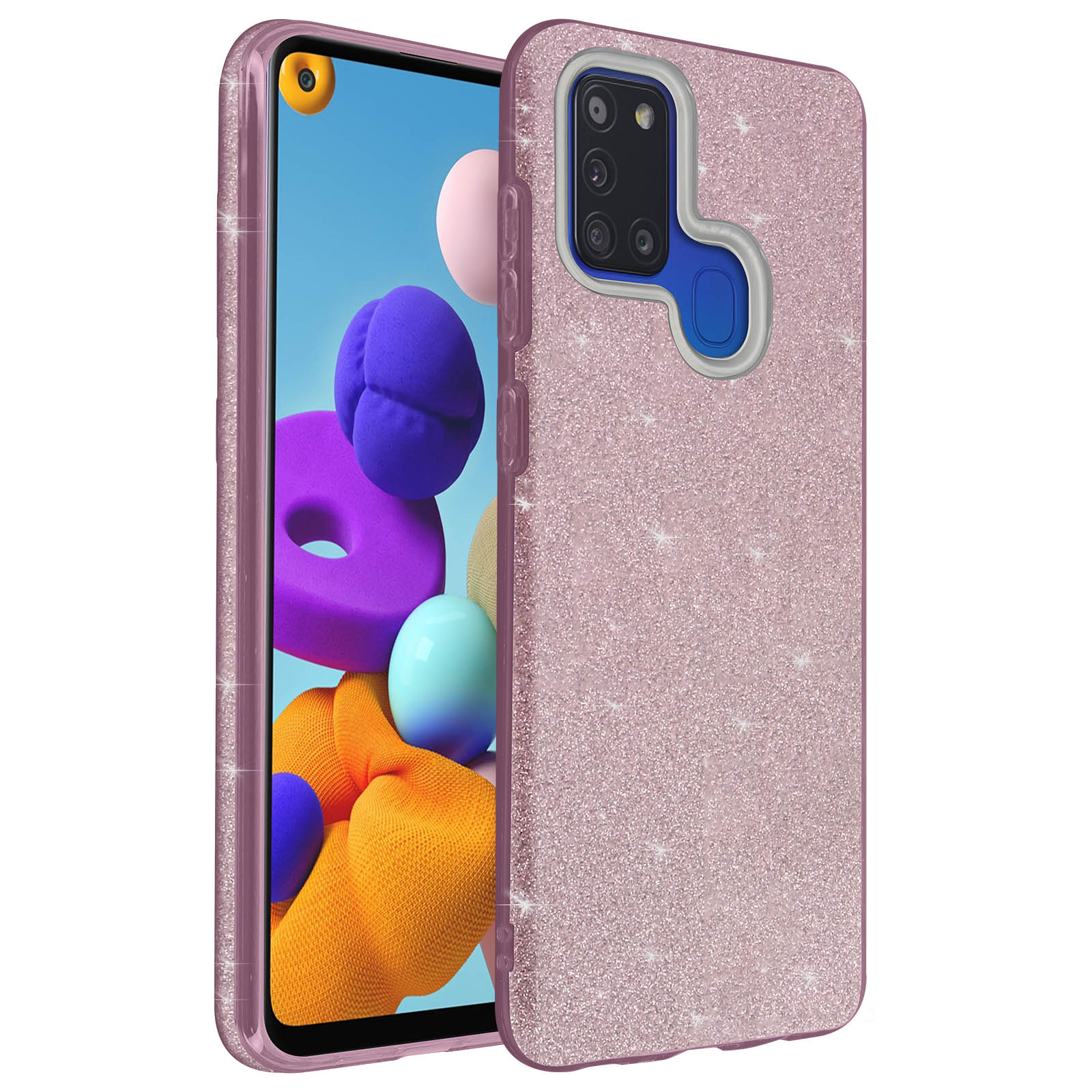 Een roze glitter telefoonhoesje met een telefoon erin, dat het scherm toont.