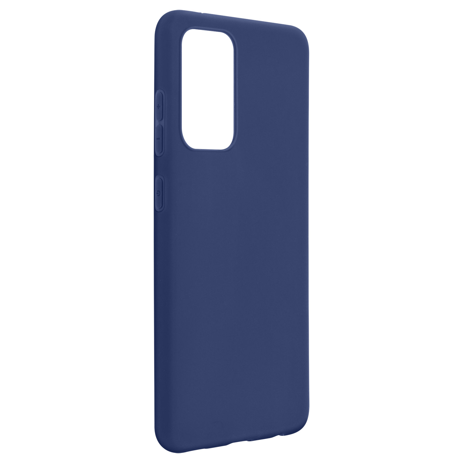 Custodia blu navy, il telefono non è visibile. Tasti laterali visibili. Sfondo bianco.