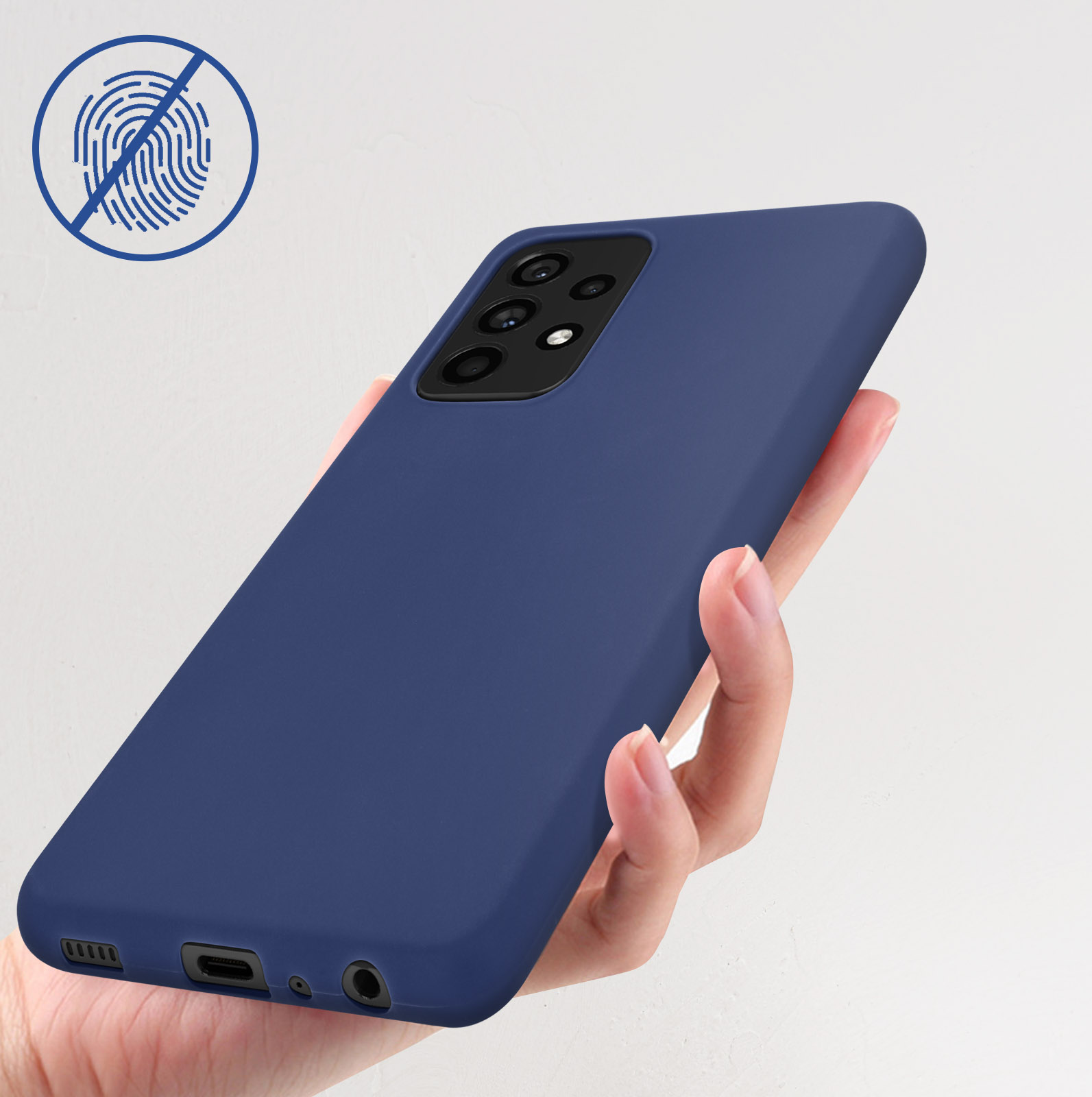Una custodia blu navy tenuta in mano. Un simbolo di impronta digitale è in alto a sinistra.