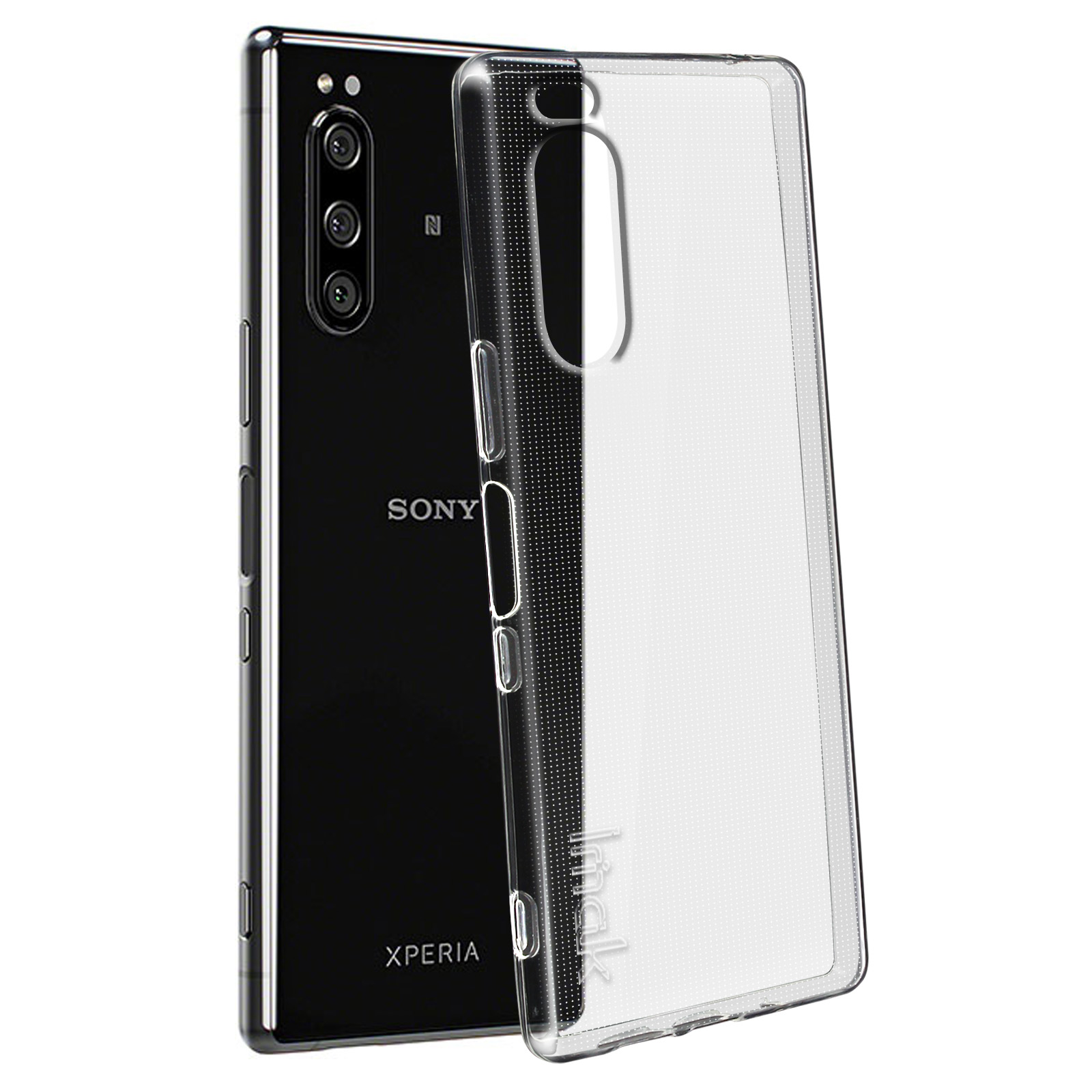 Un telefono nero con custodia trasparente. La custodia è aperta, rivelando il retro con il logo Sony.